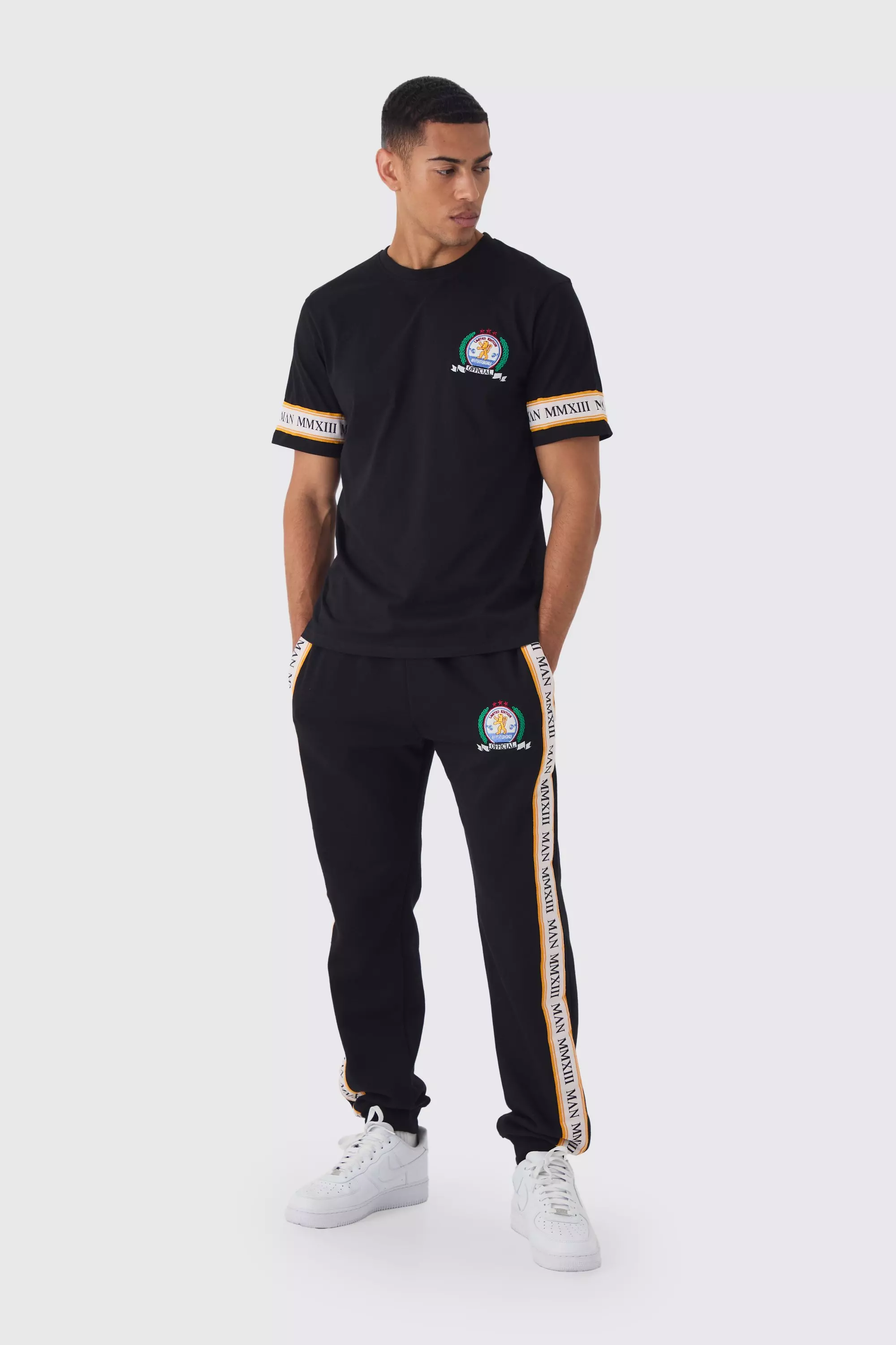 Man Gold Embroidered Tshirt And Jogger Set Black