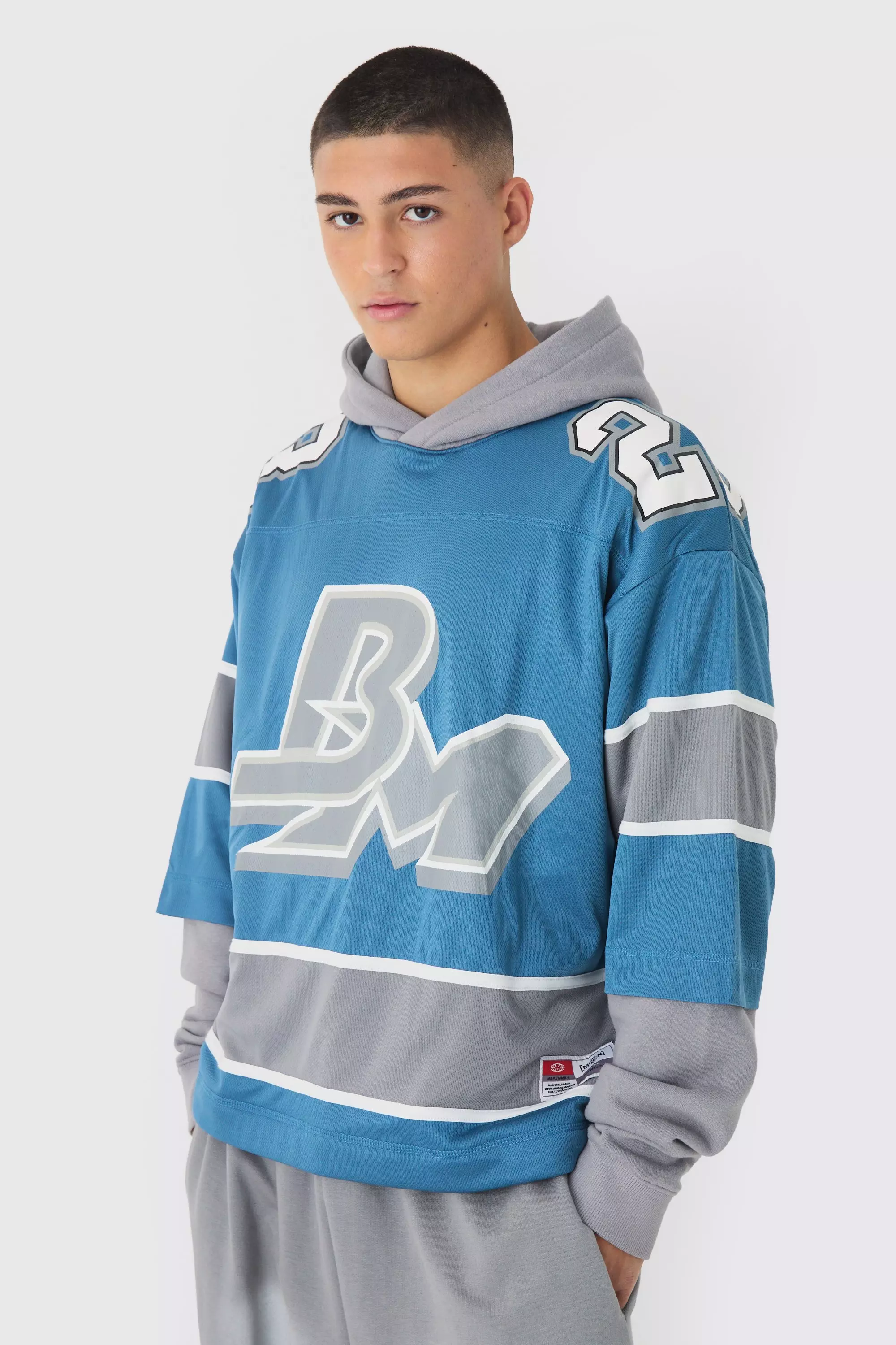 Slate blue Oversized Mesh Layer Hockey Hoodie alternative image