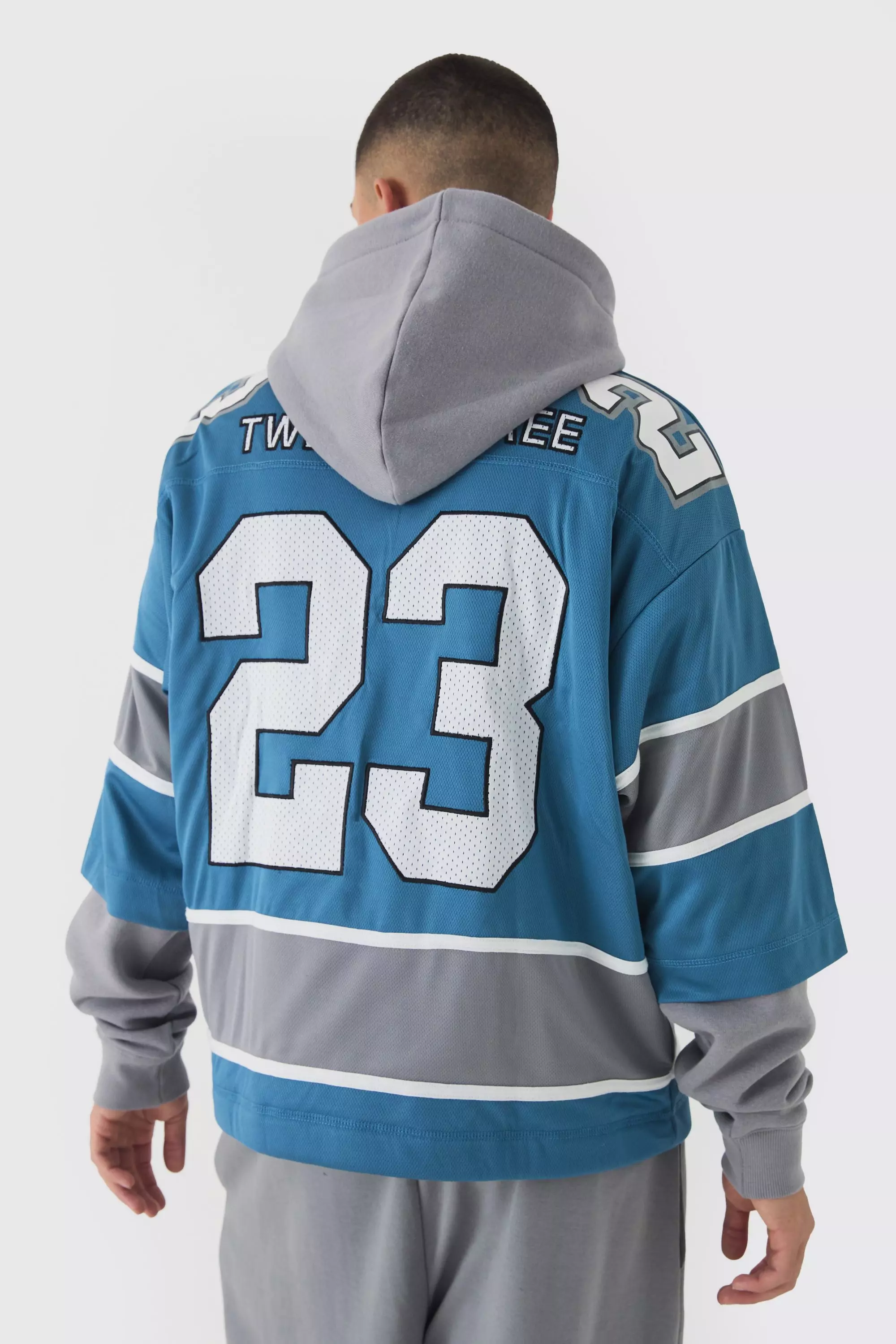 Slate blue Oversized Mesh Layer Hockey Hoodie alternative image