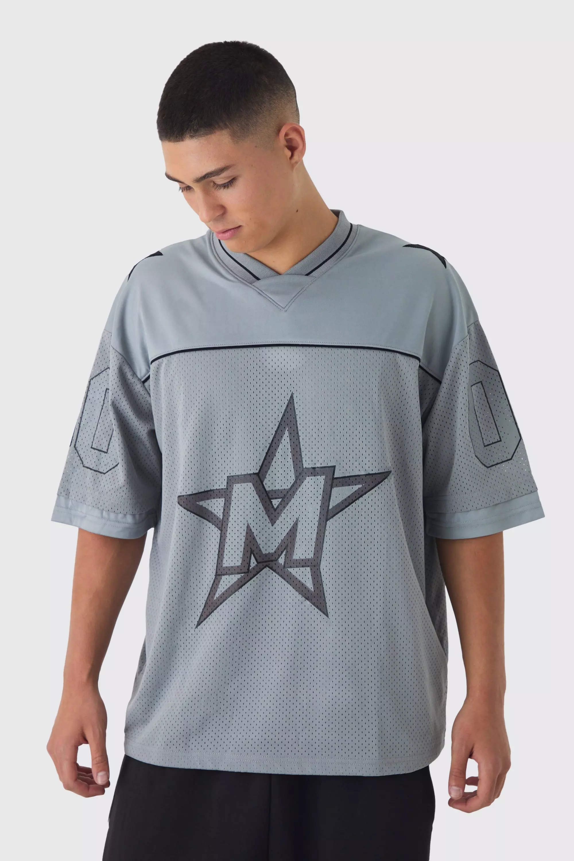 Oversized V Neck Football Official Applique Mesh Layer T-Shirt Grey