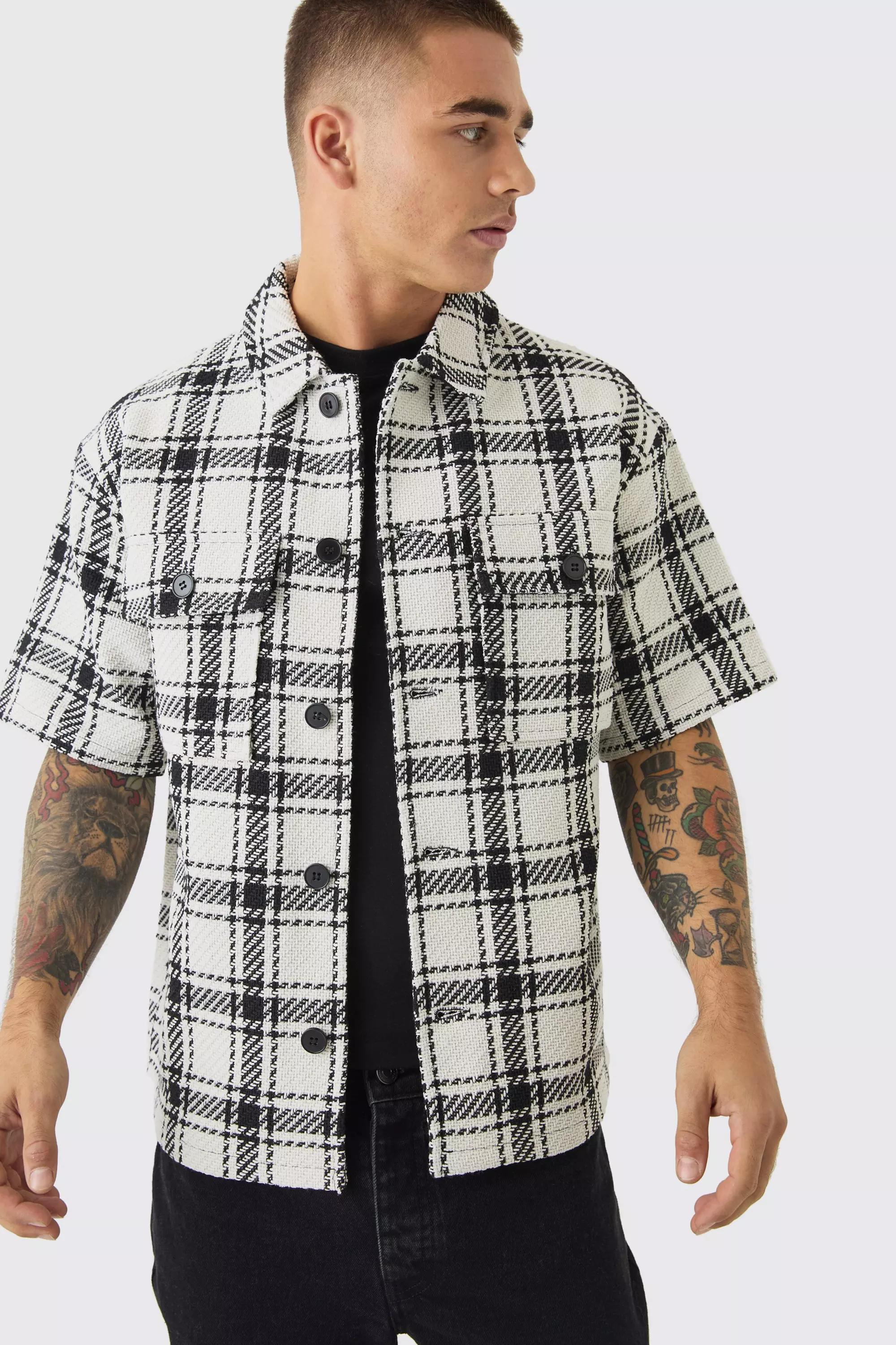 White Oversized Heavyweight Textured Plaid Overshirt