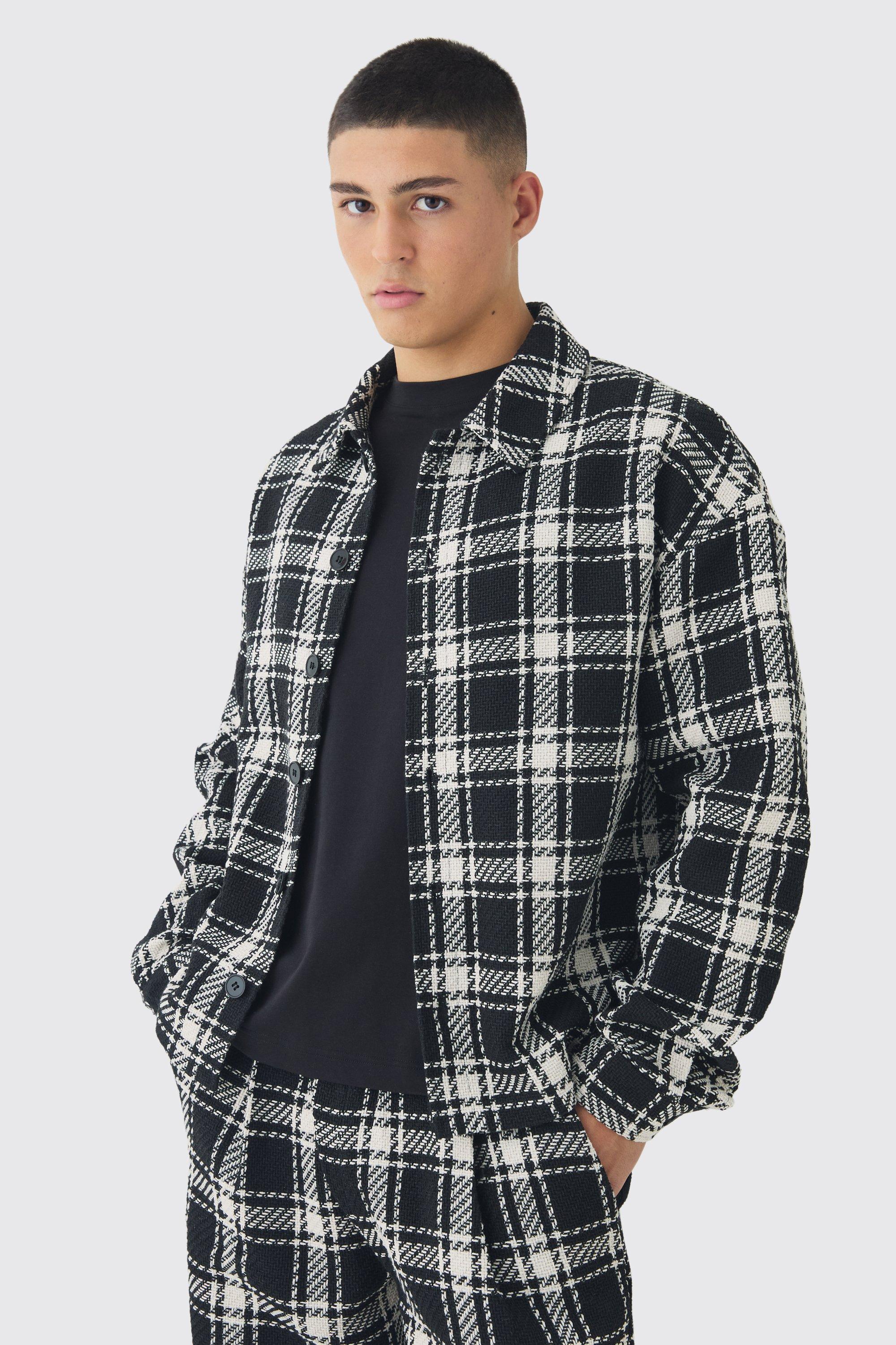 Black Oversized Heavyweight Textured Plaid Overshirt