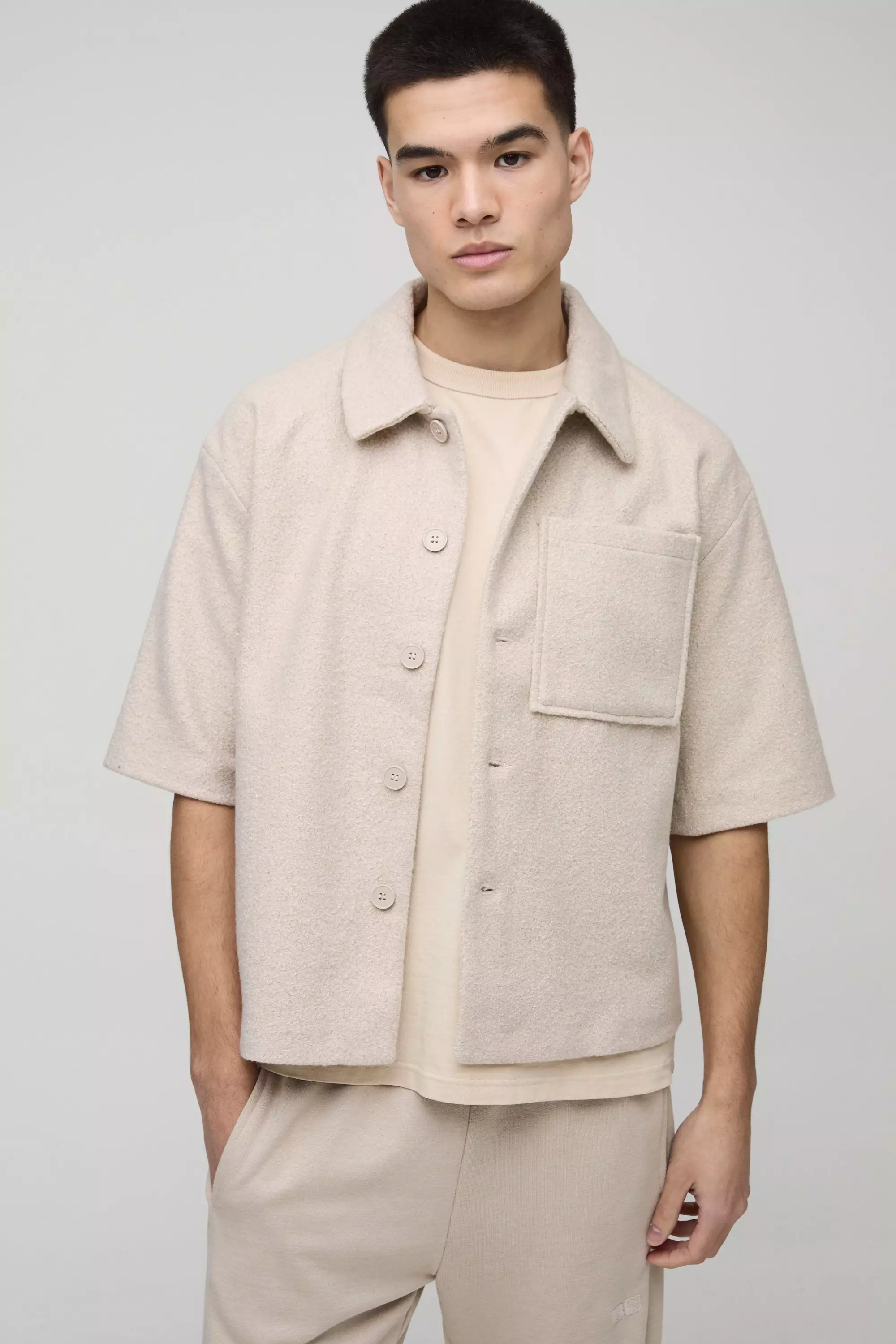 Camicia Squadrata Oversize In Bouclé, Stone immagine alternativa