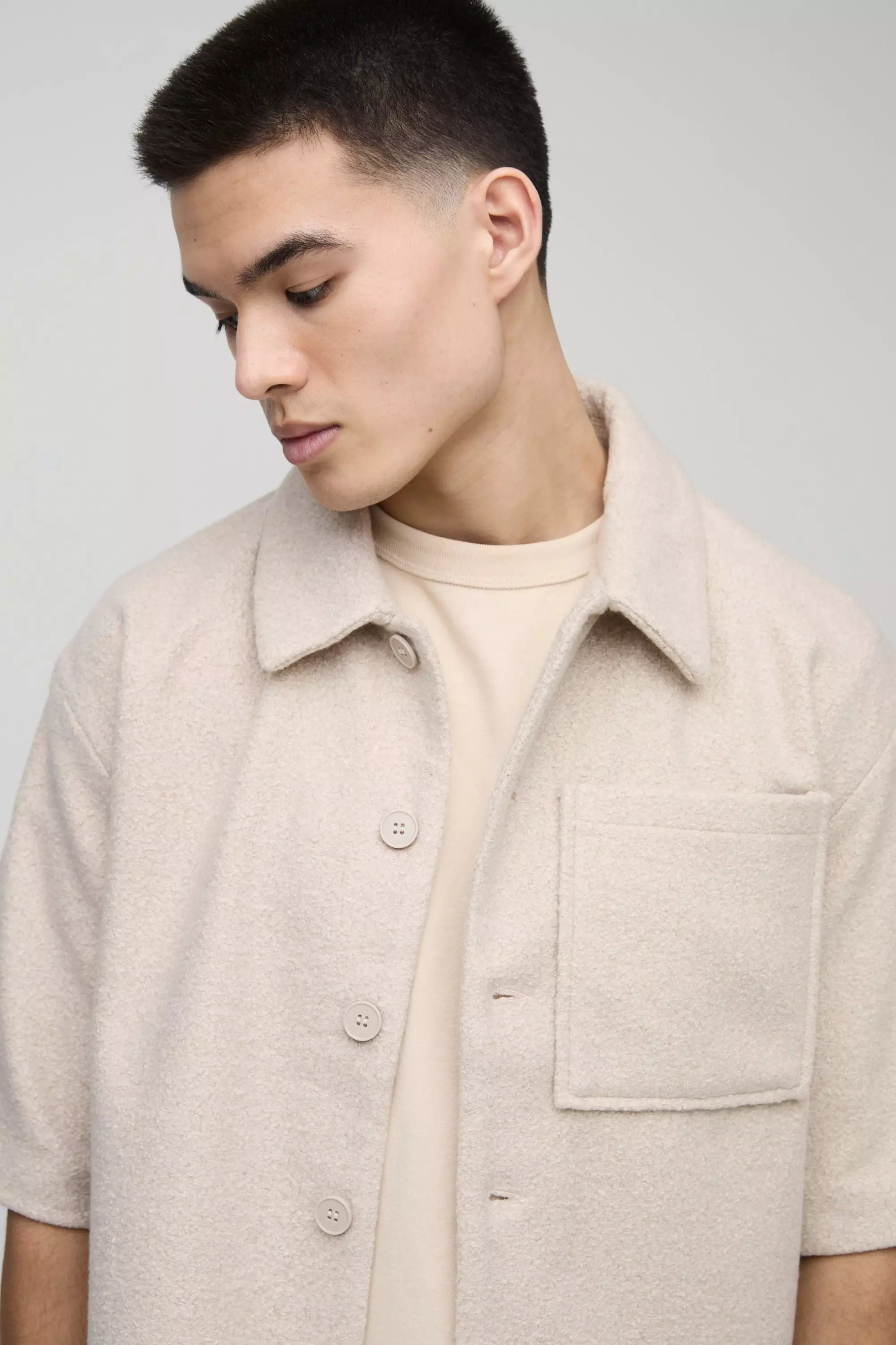 Camicia Squadrata Oversize In Bouclé, Stone immagine alternativa
