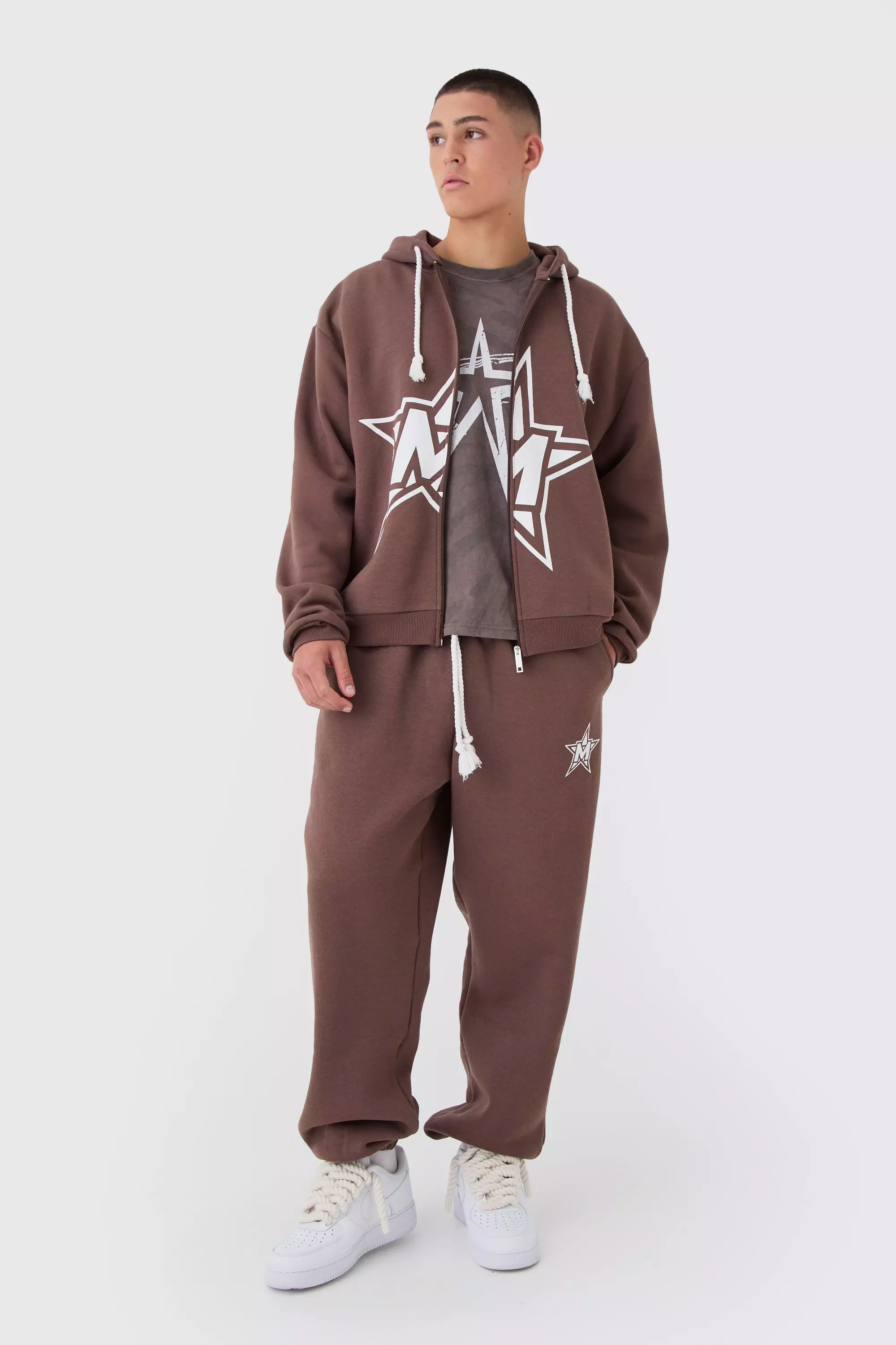 Chocolate Brown Oversized Boxy Rope Drawcords Varsity Zip Through Tracksuit