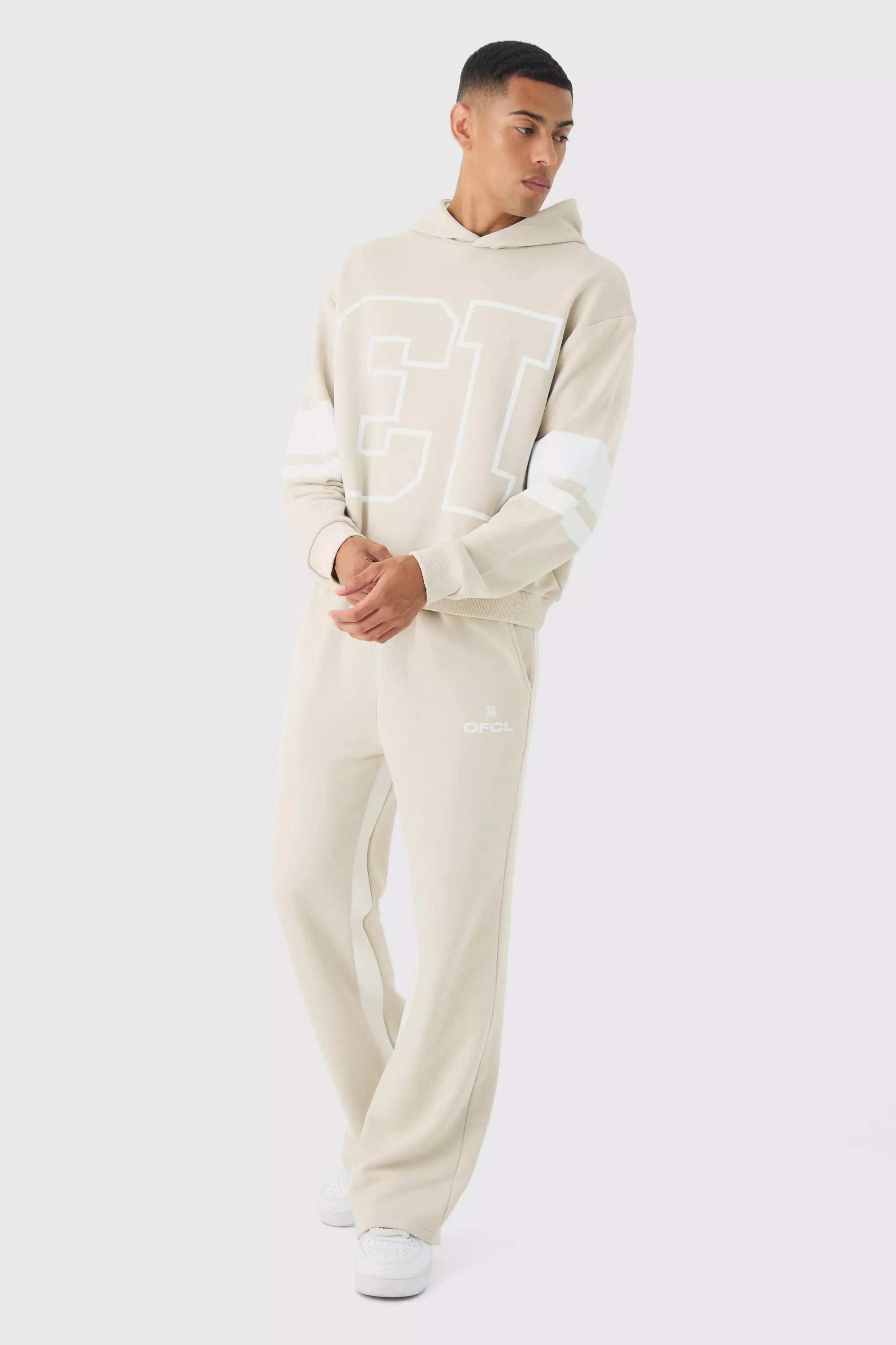 Stone Beige Oversized Boxy Loopback Varsity Stripe Tracksuit