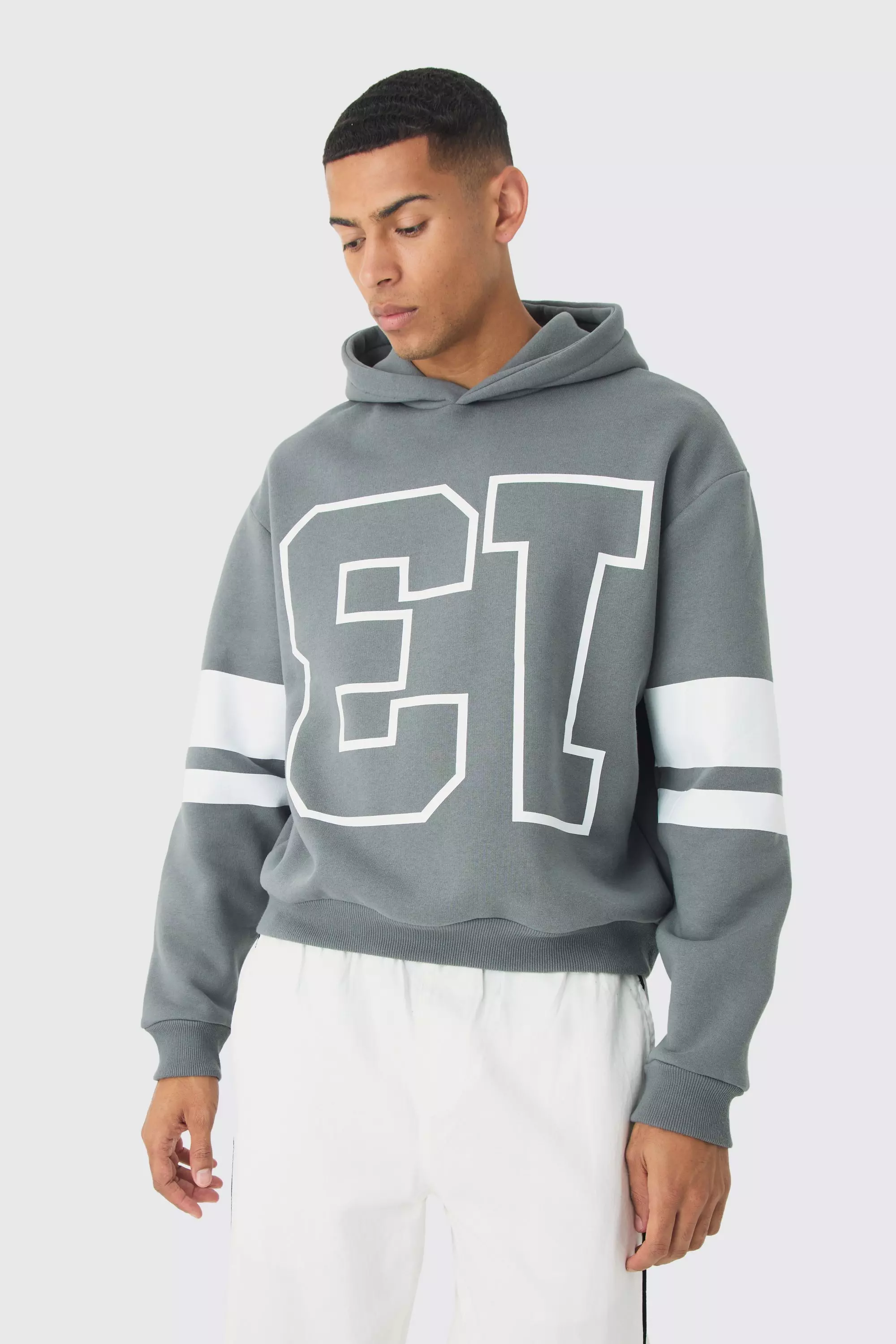 Grey Oversized Boxy Varsity Stripe Hoodie alternative image