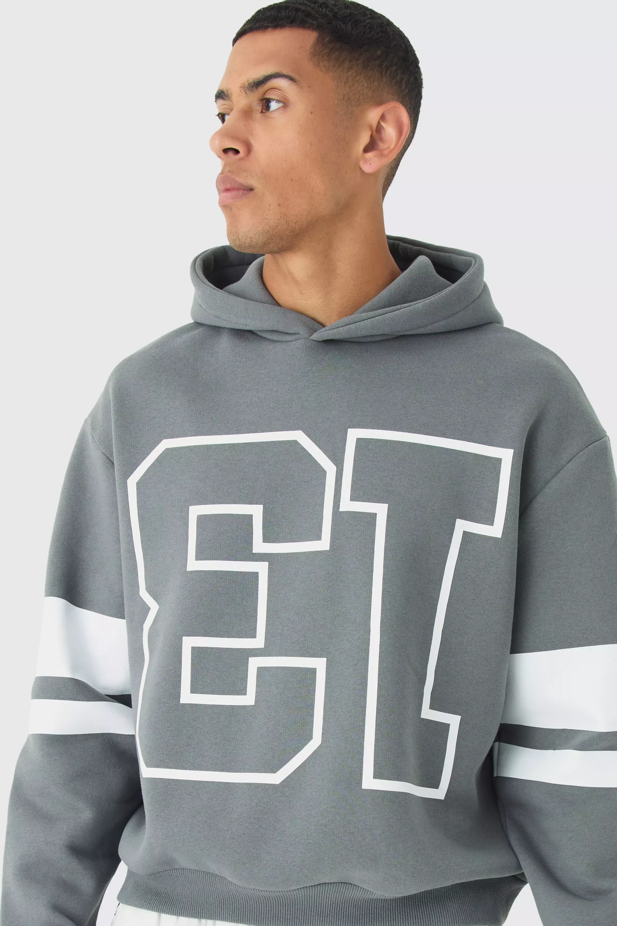 Grey Oversized Boxy Varsity Stripe Hoodie alternative image
