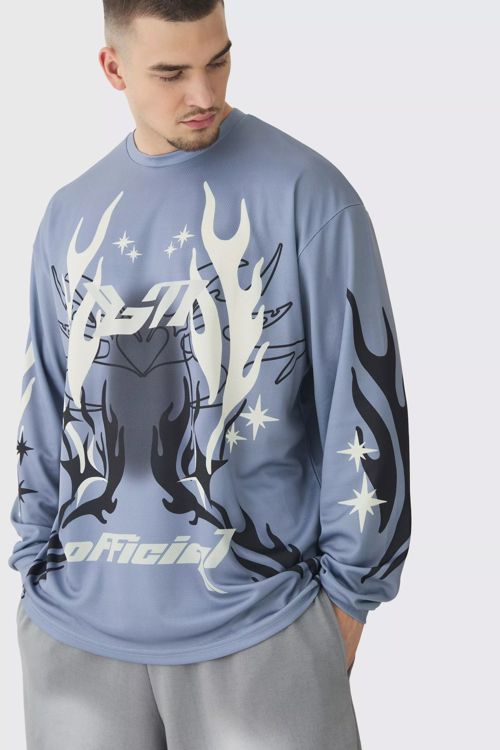 Grey Tall Oversized Mesh Graffiti Moto T-Shirt alternatieve afbeelding