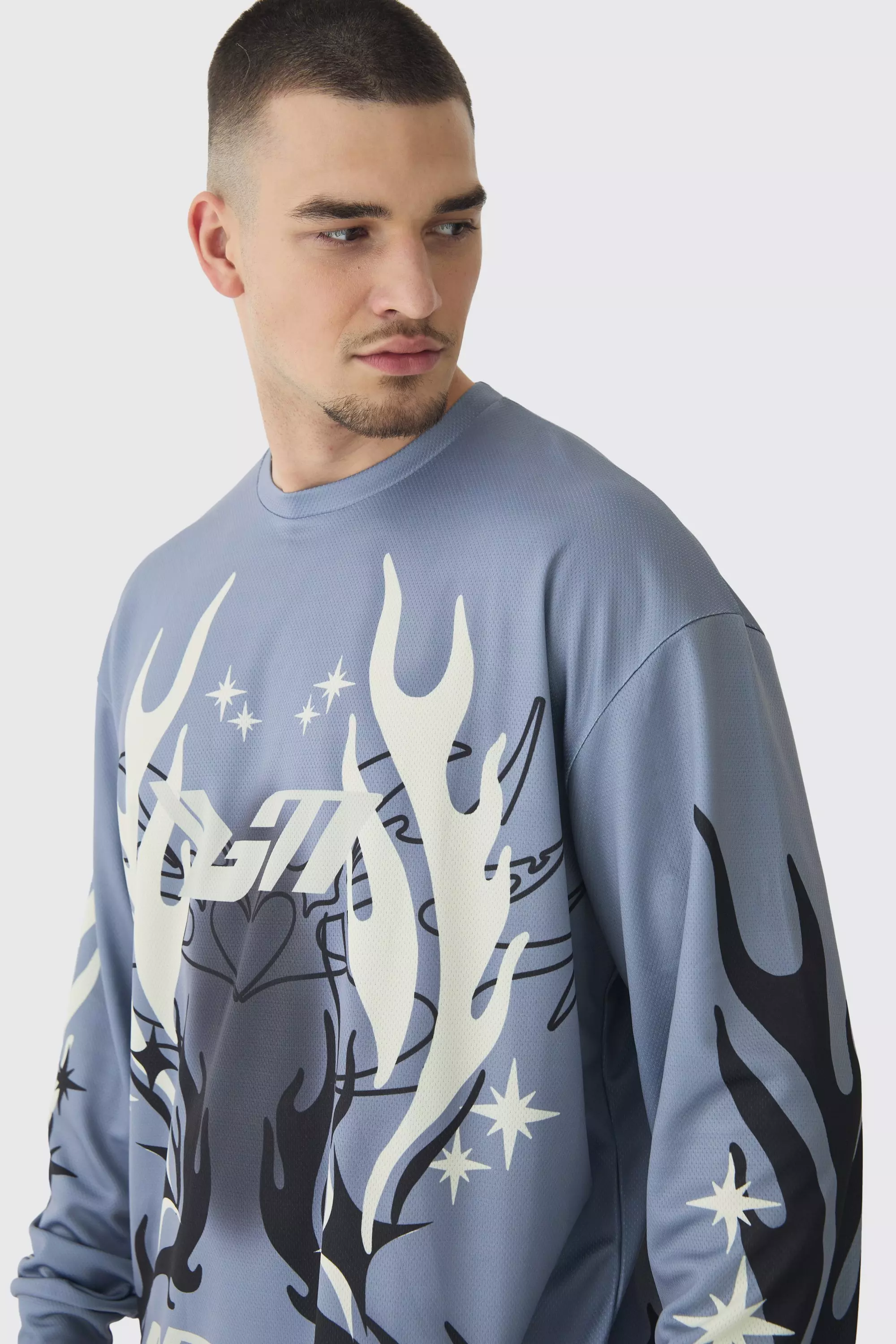 Grey Tall Oversized Mesh Graffiti Moto T-Shirt alternatieve afbeelding