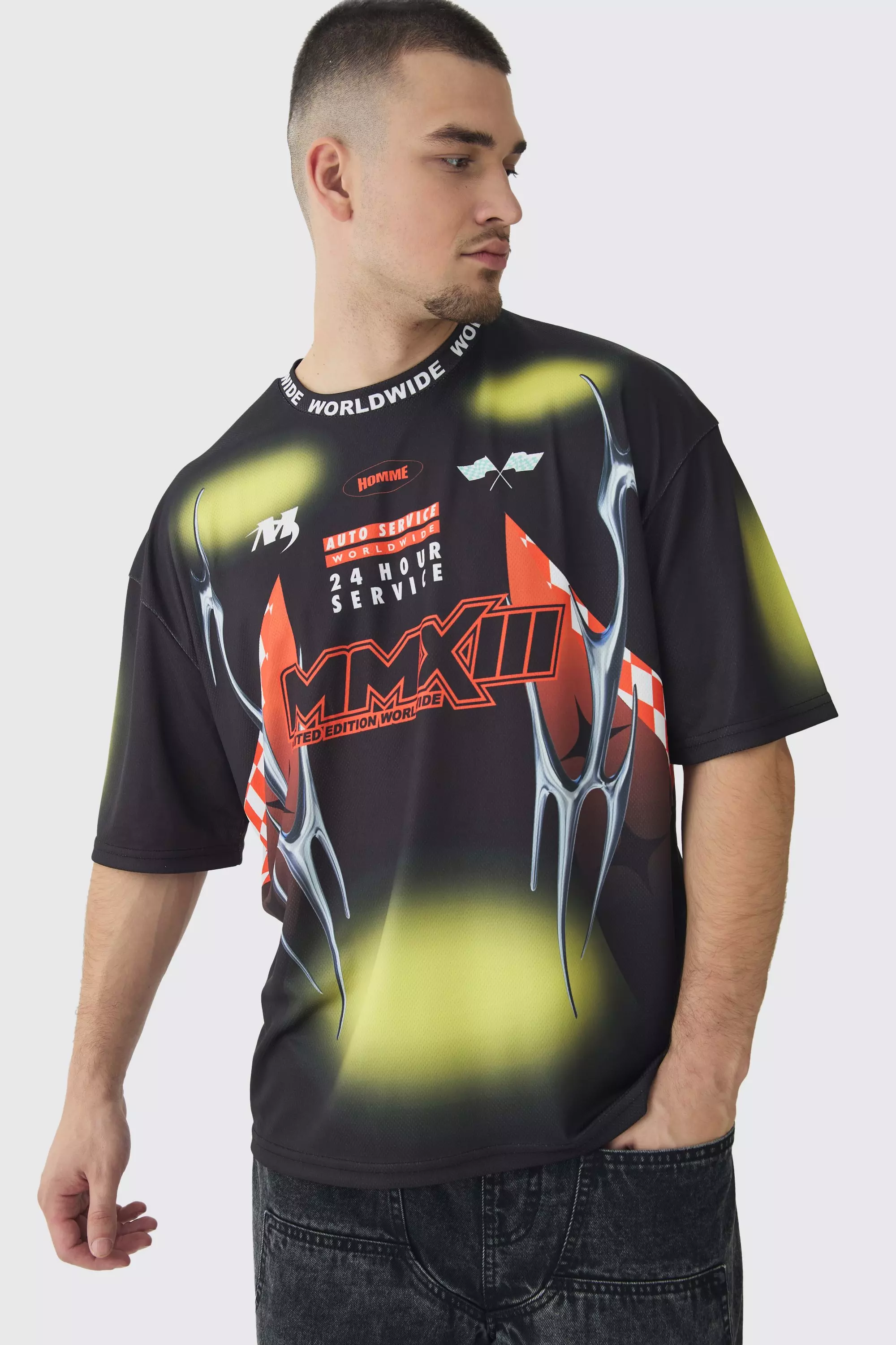 Tall Oversized Boxy Closed Mesh Graffiti Moto Jacquard T-shirt Black