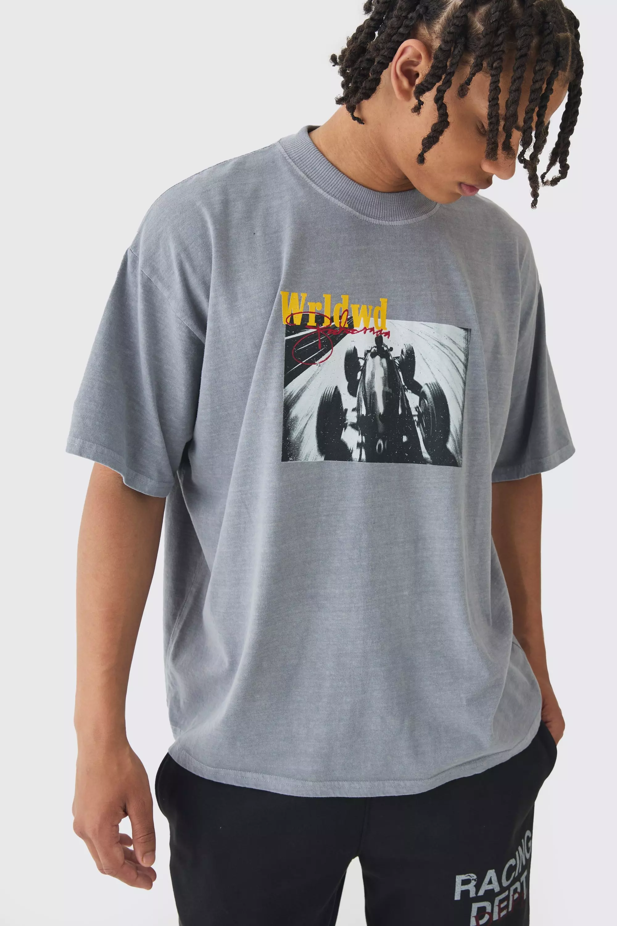 Grey Oversized Washed Heavy Extended Neck Photographic T-shirt