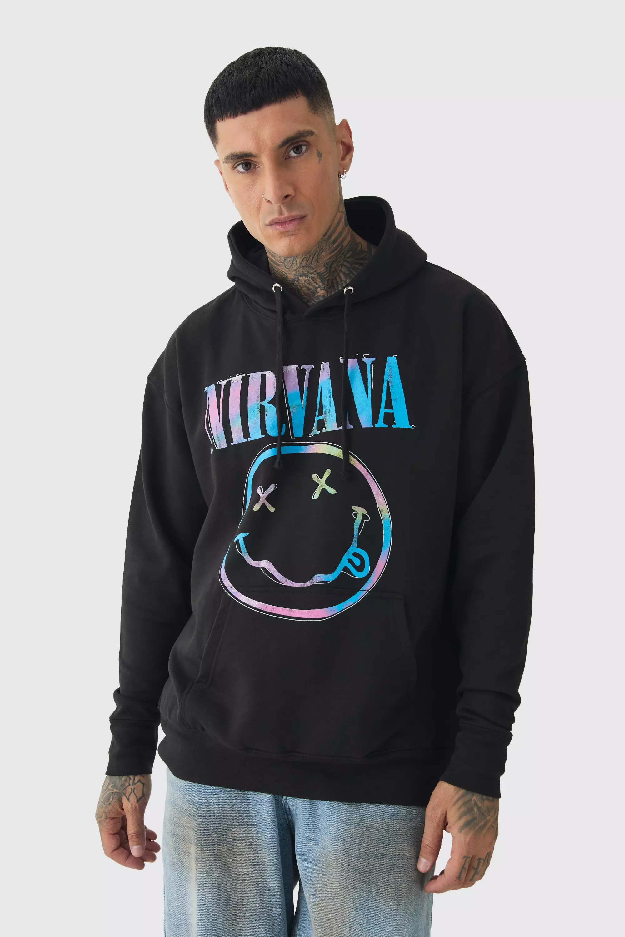 Black Tall Oversized Nirvana Face License Print Hoodie