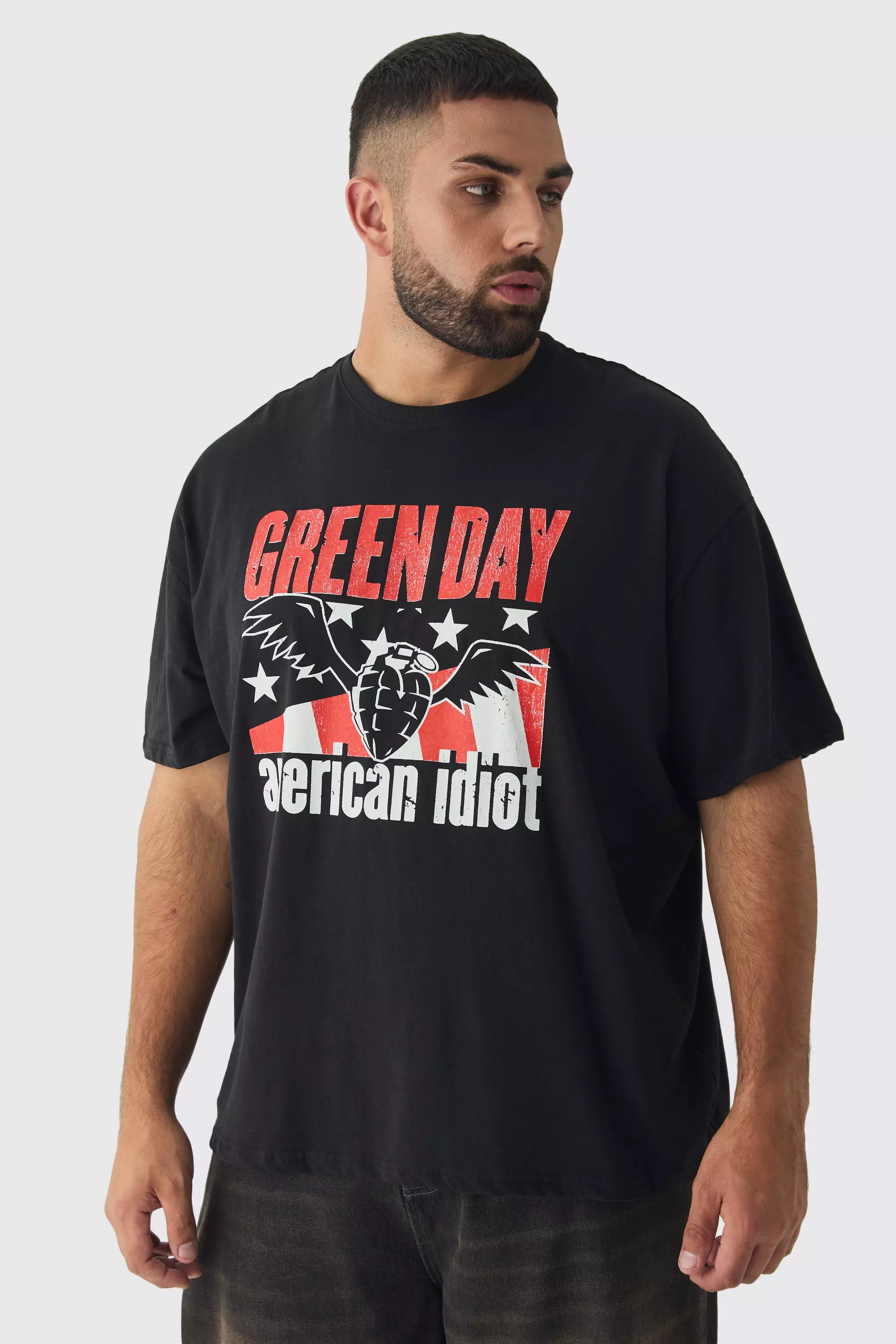 Plus Oversized Green Day Band License Print T-Shirt Black