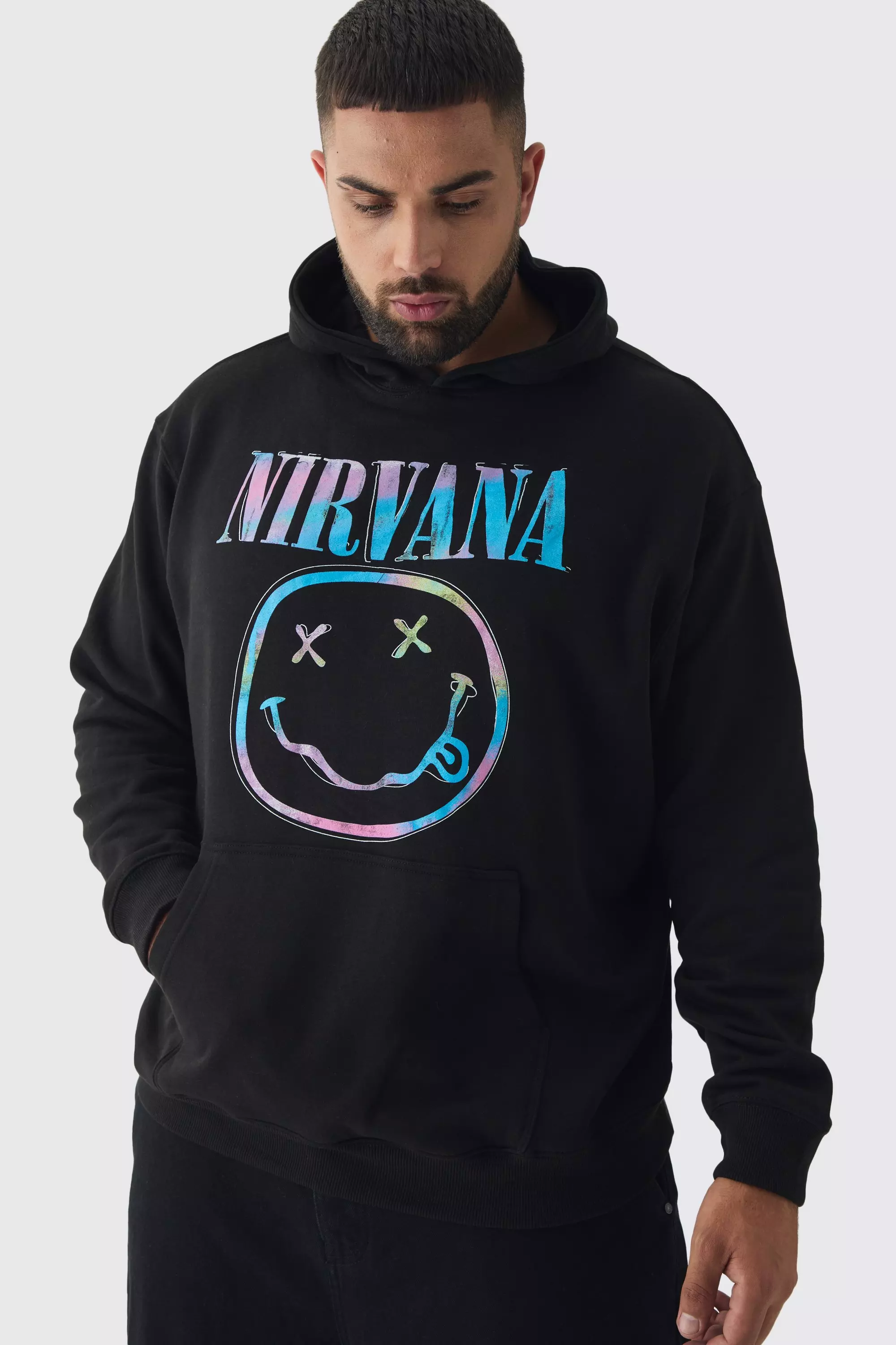 Black Plus Oversized Nirvana Face License Print Hoodie