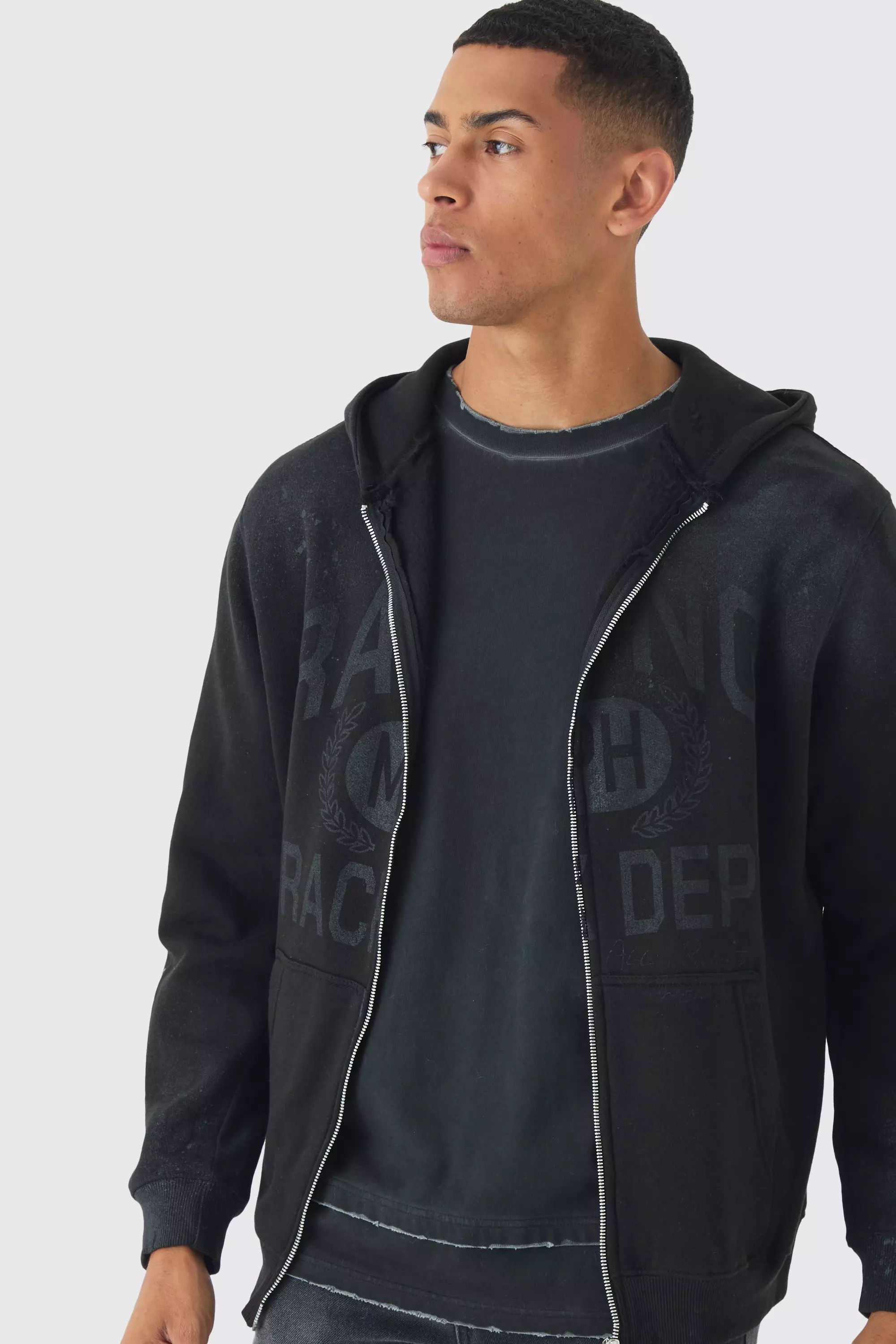 Oversized Washed Racing Print Zip Through Hoodie Black