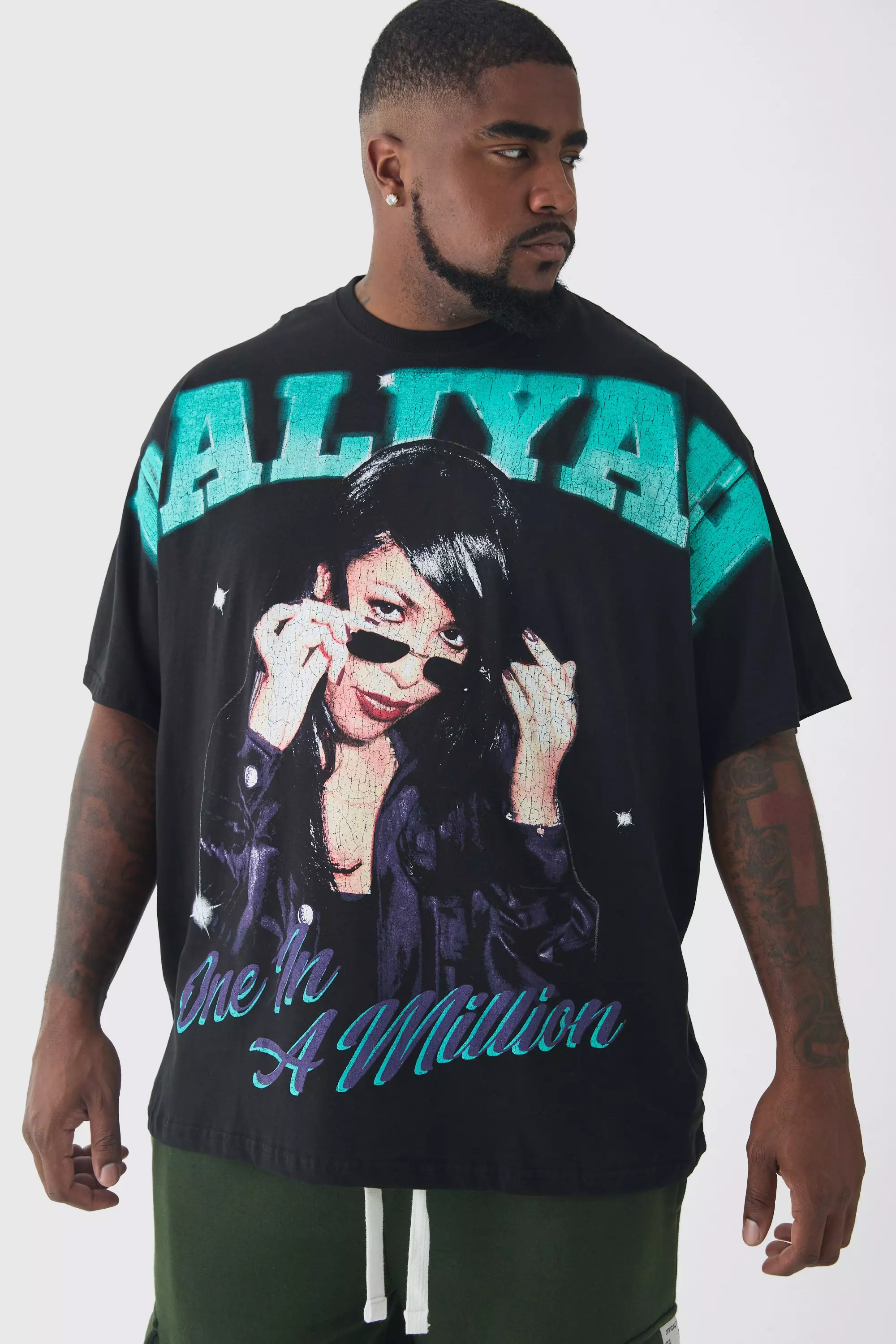 Plus Oversized Aaliyah Large Scale License Print T-Shirt Black