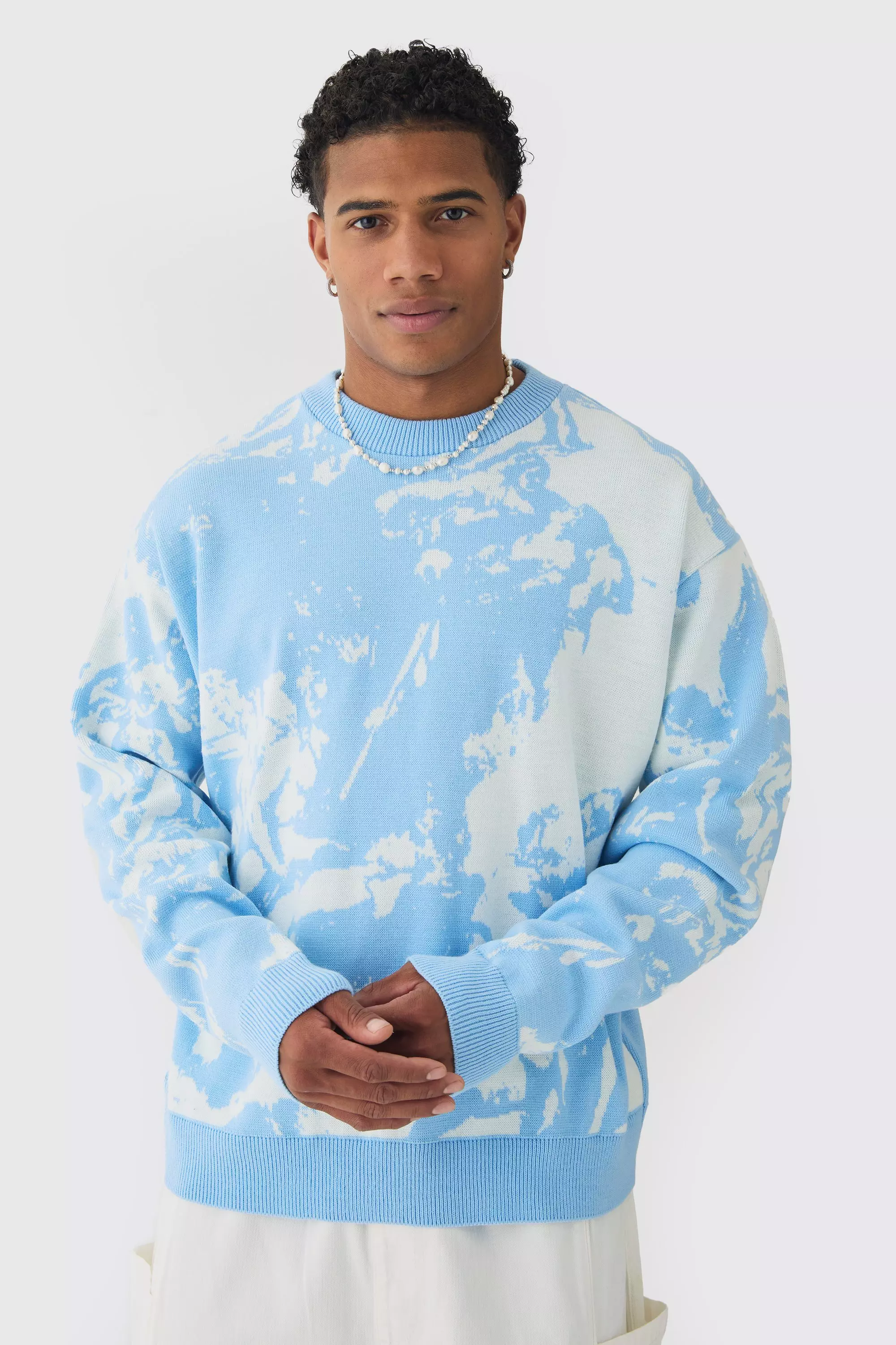 Light blue Oversized Gebreide Boxy Renaissance Print Trui alternatieve afbeelding