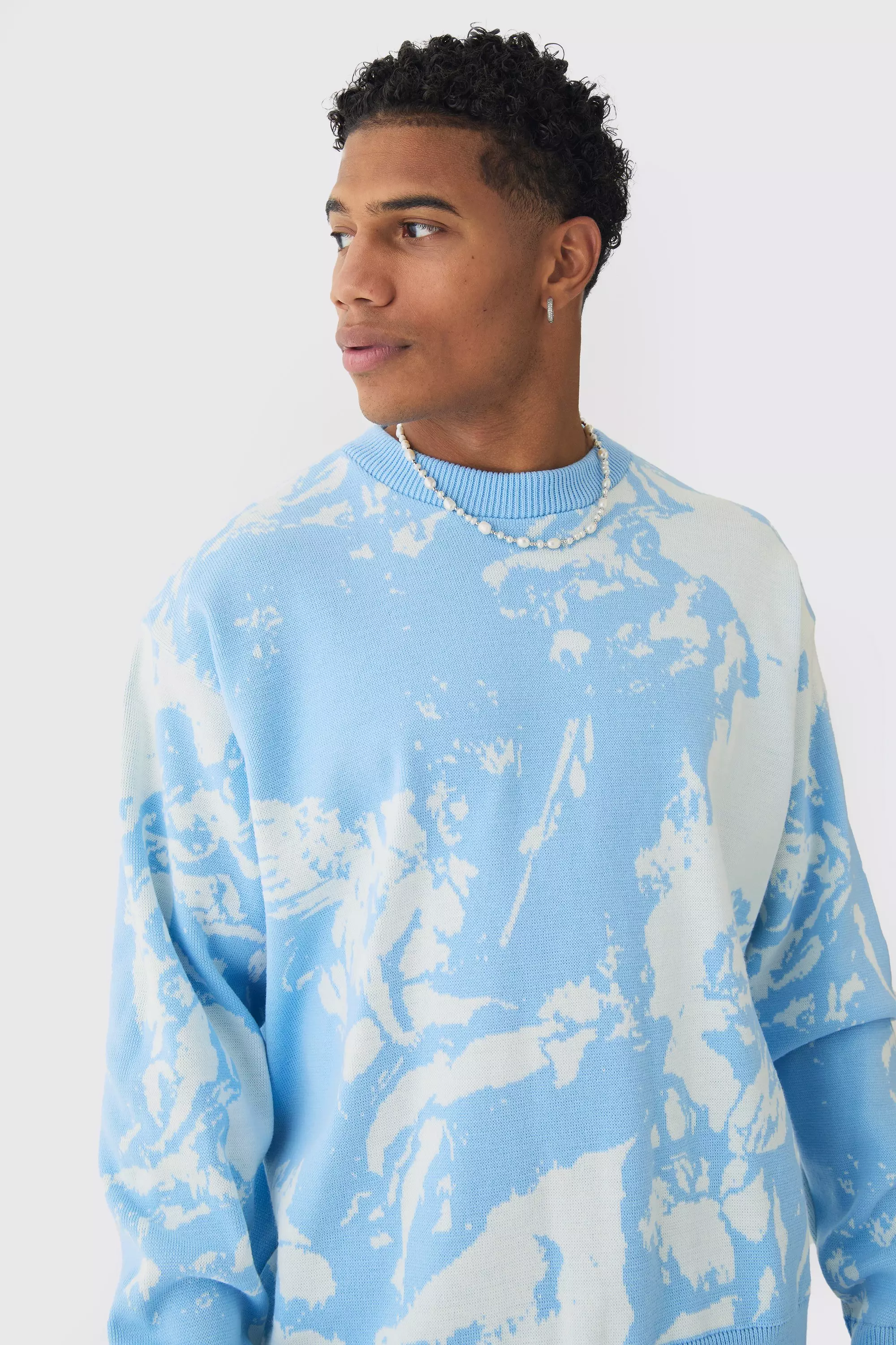 Light blue Oversized Gebreide Boxy Renaissance Print Trui alternatieve afbeelding