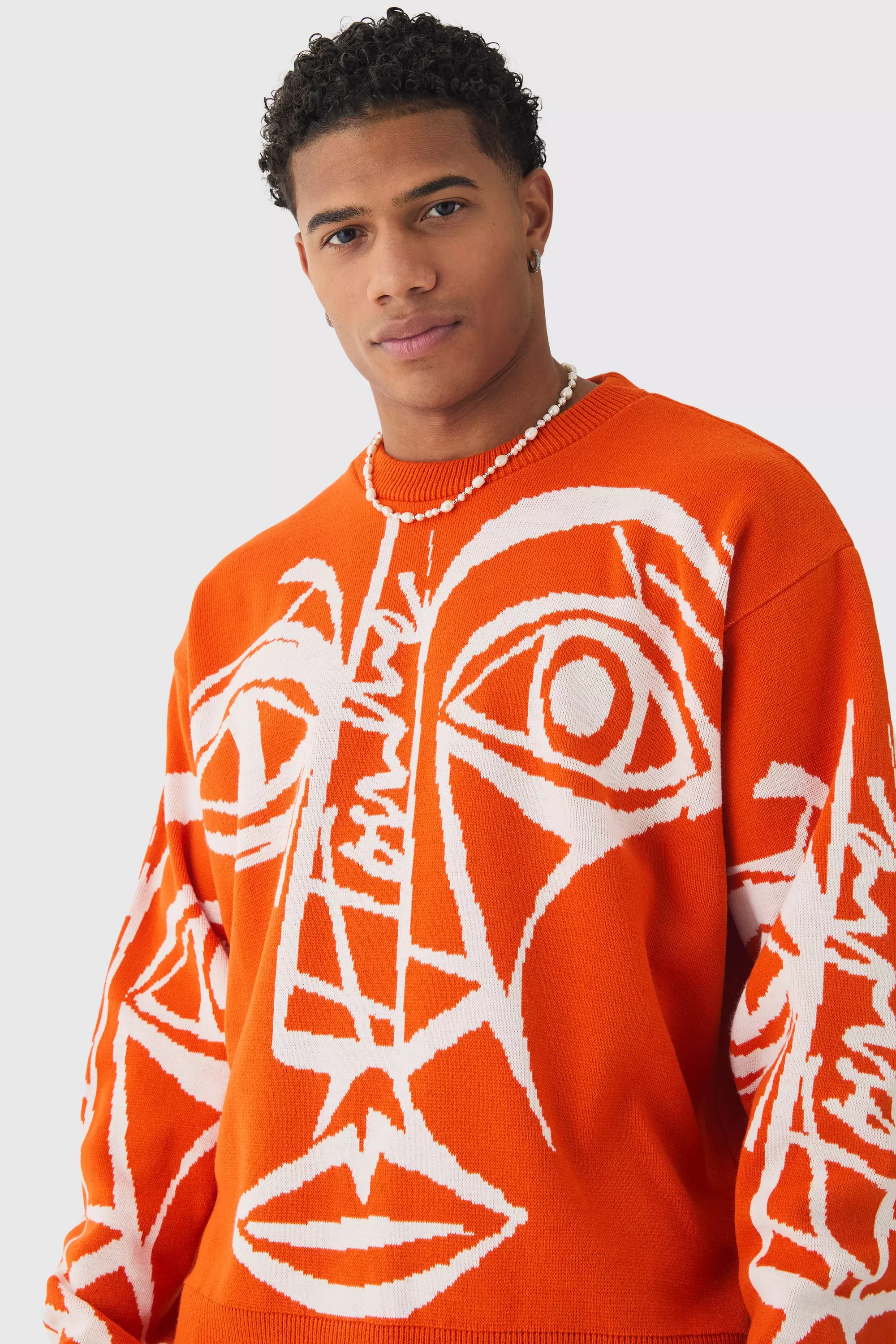Oversized Boxy Abstract Line Face Knitted Sweater