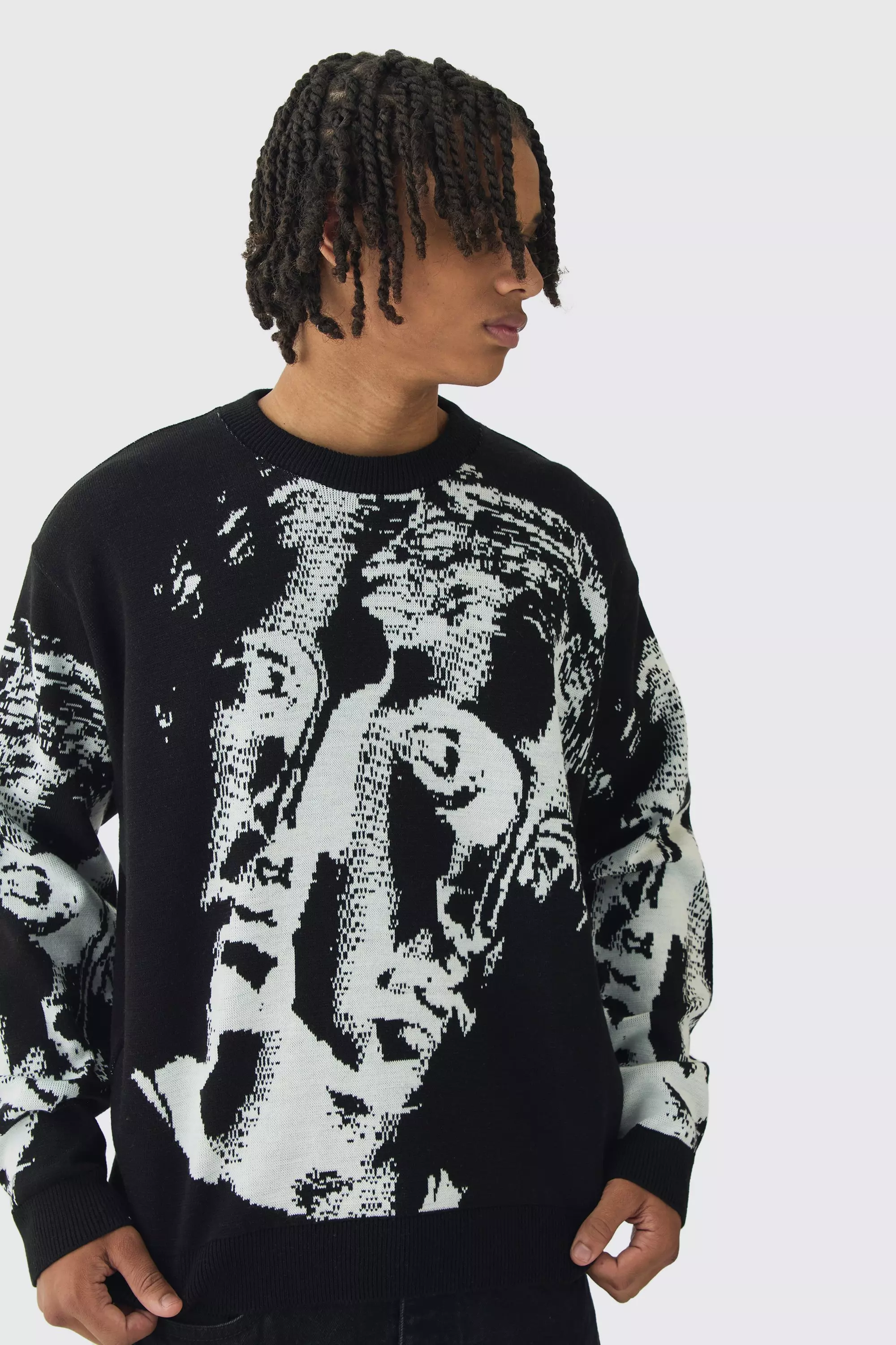 Black Oversized Gebreide Boxy Renaissance Smiley Trui alternatieve afbeelding