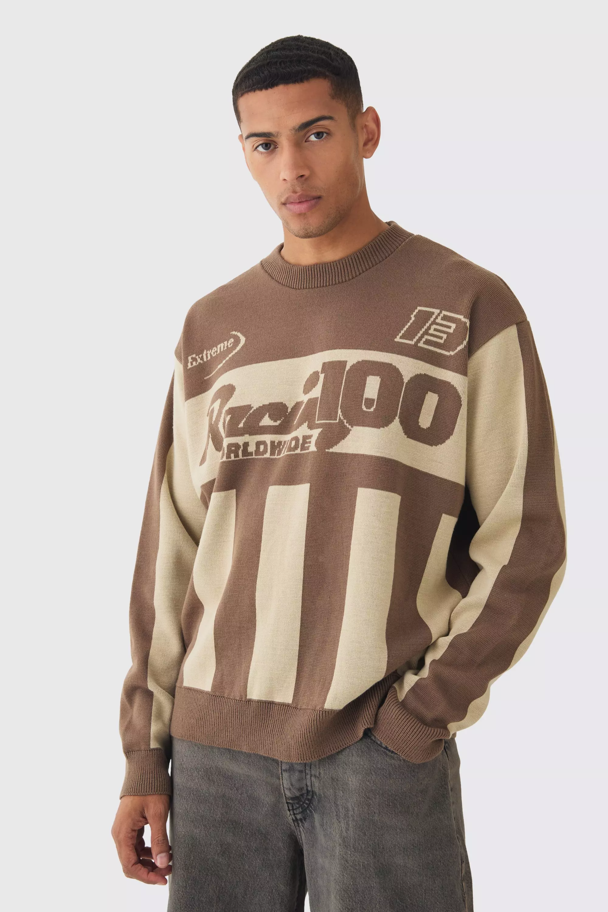 Pull oversize rayé en maille moto, Taupe autre image