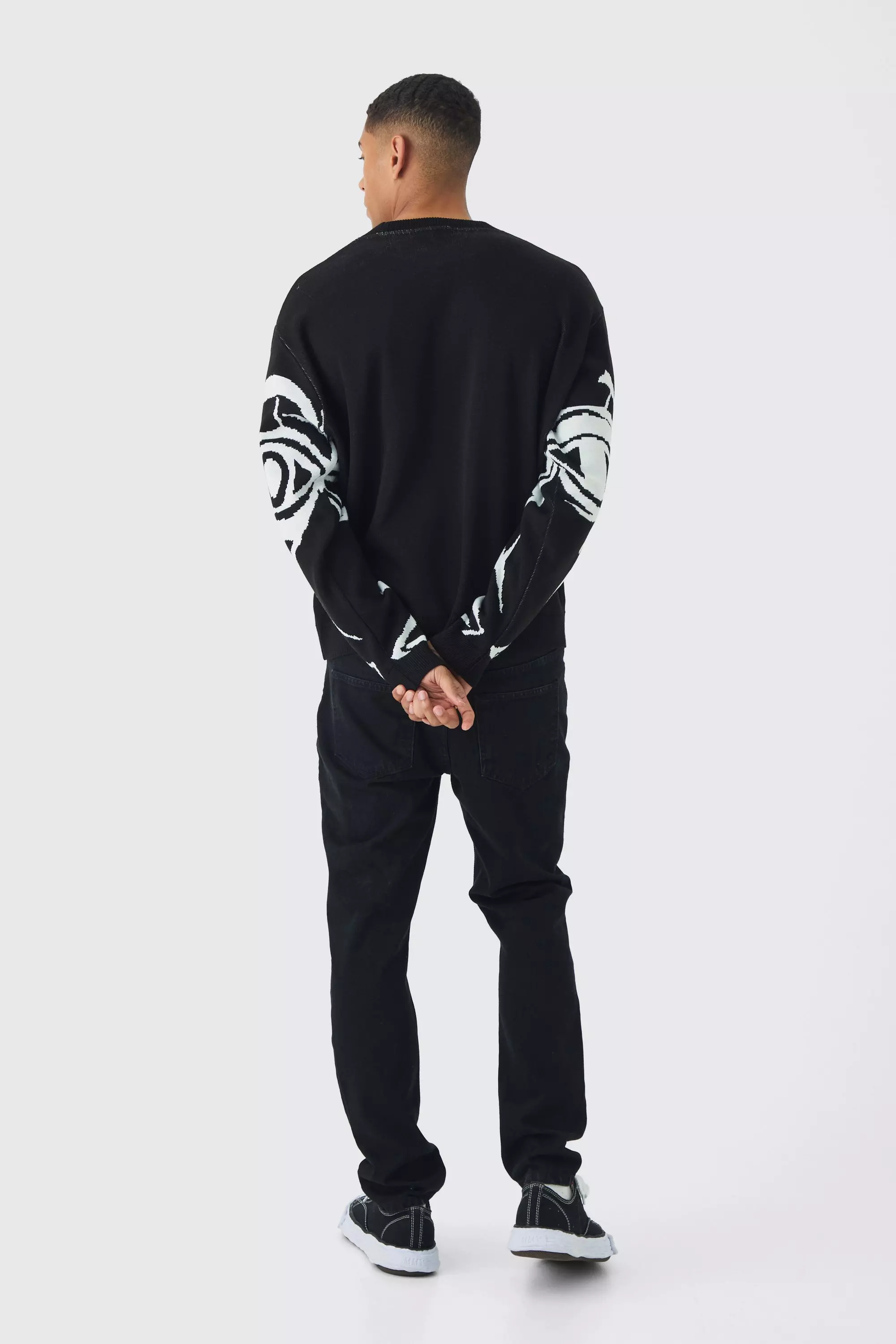 Oversized Boxy Abstract Line Face Knitted Jumper boohooMAN USA