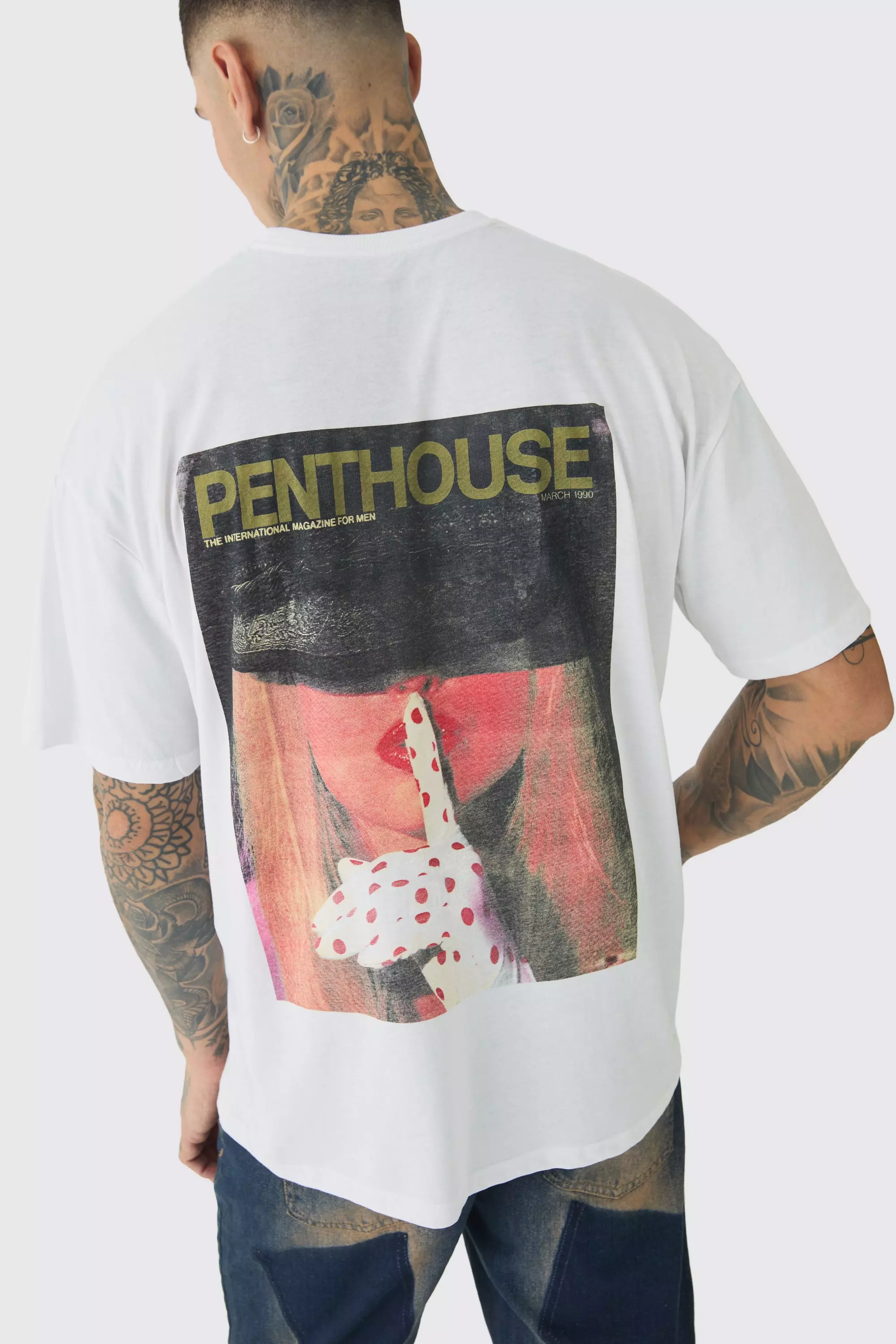 Tall Oversized Penthouse Magazine License T-Shirt White