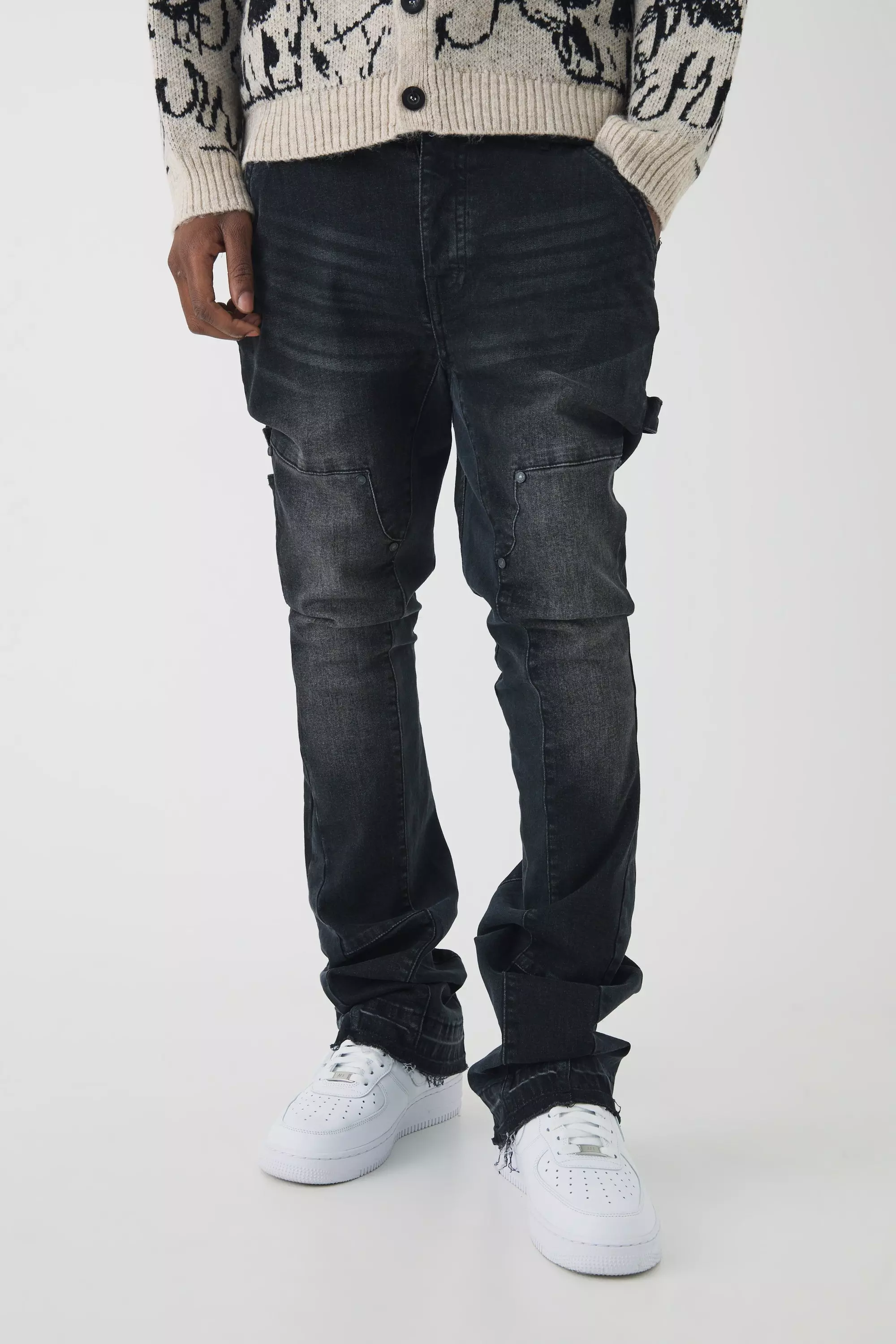 Skinny Flared Stacked Carpenter Gusset Jeans | boohooMAN