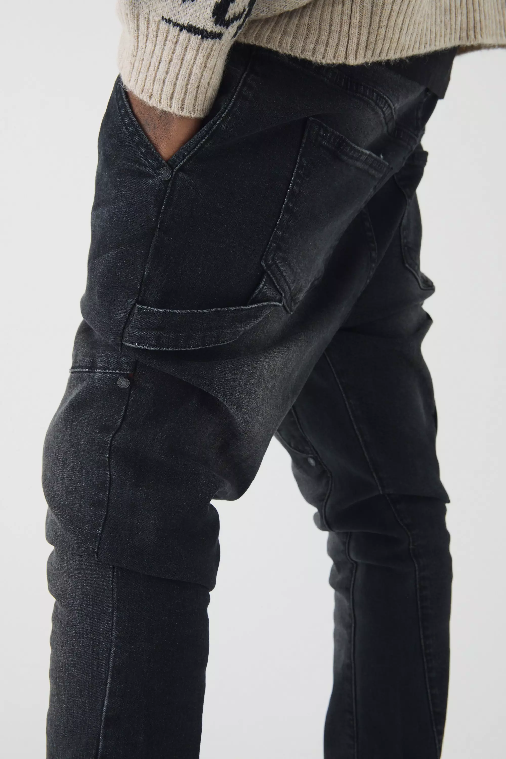 Skinny Flared Stacked Carpenter Gusset Jeans | boohooMAN