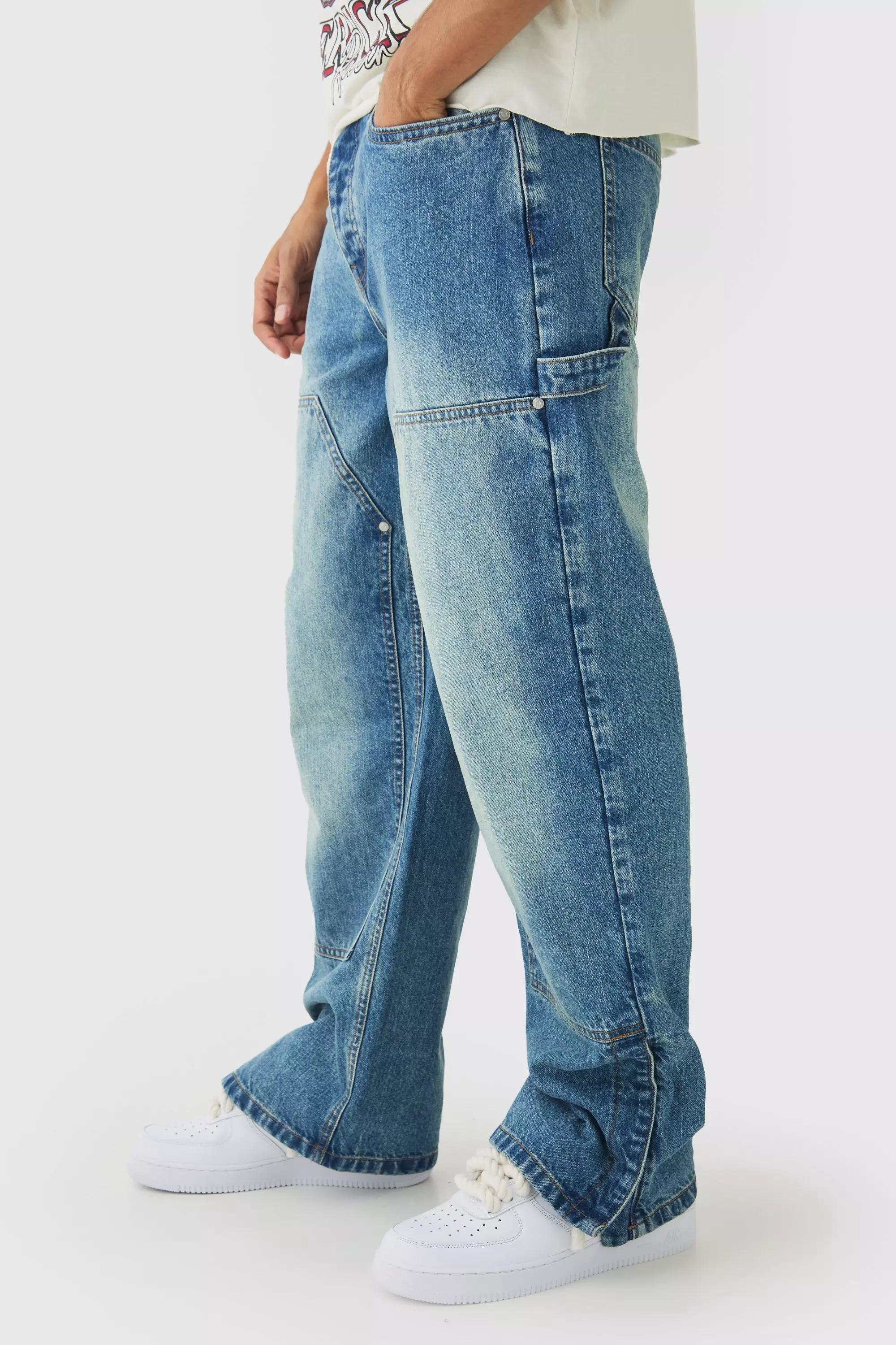 Relaxed Fit Carpenter Jeans With Split Hem Blue