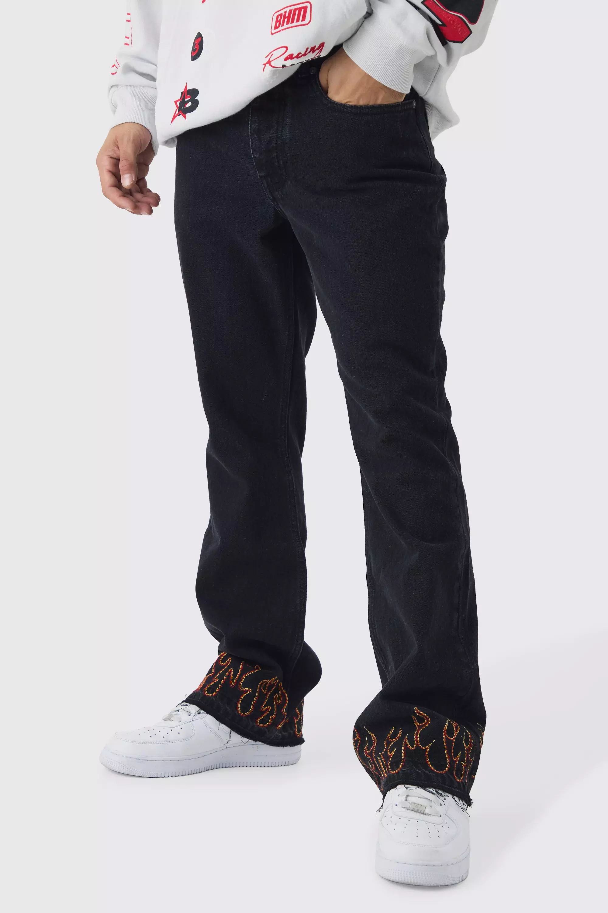 Black Slim Rigid Flared Flame Embroidered Jeans