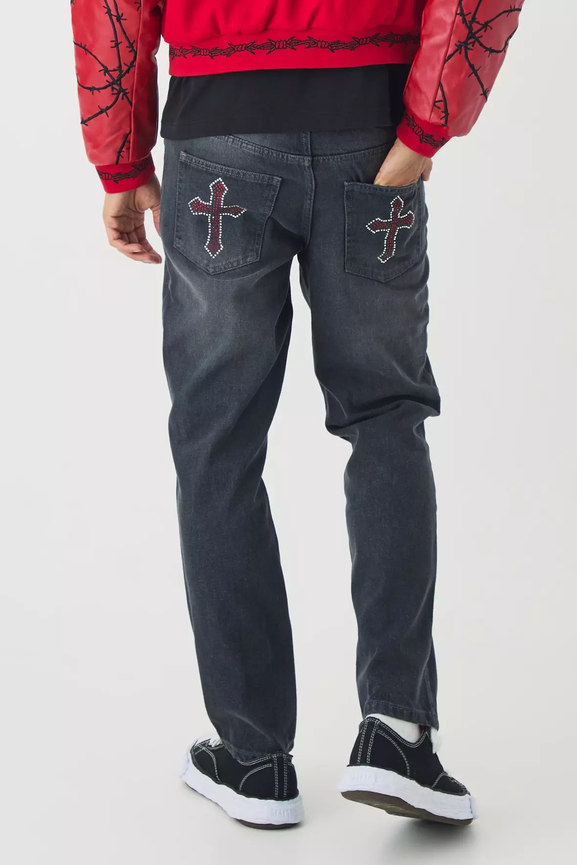 Charcoal Straight Leg Rhinestone Cross Jeans alternative image