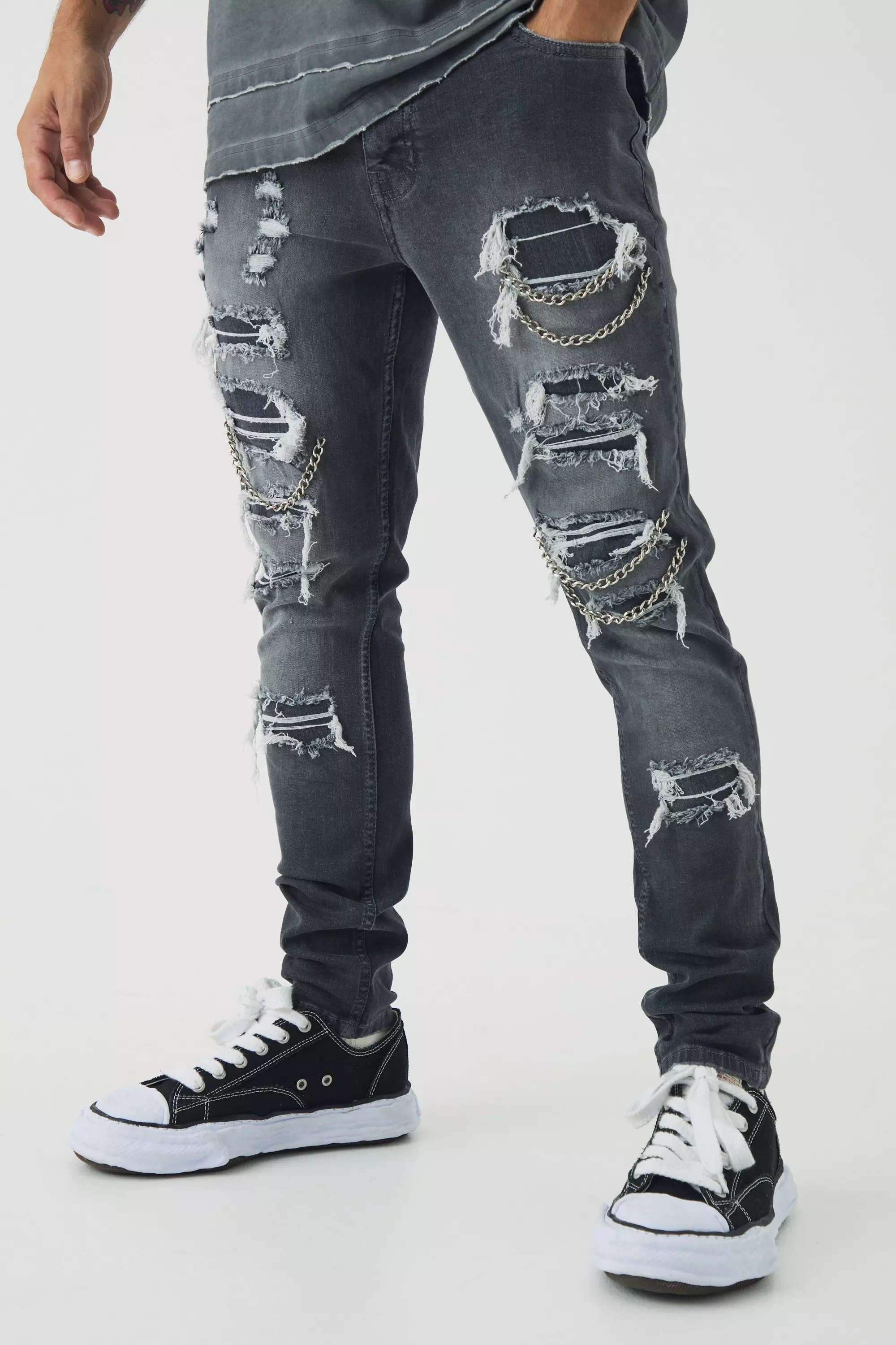 Mid grey Skinny Stretch Ripped Chain Jeans alternative image