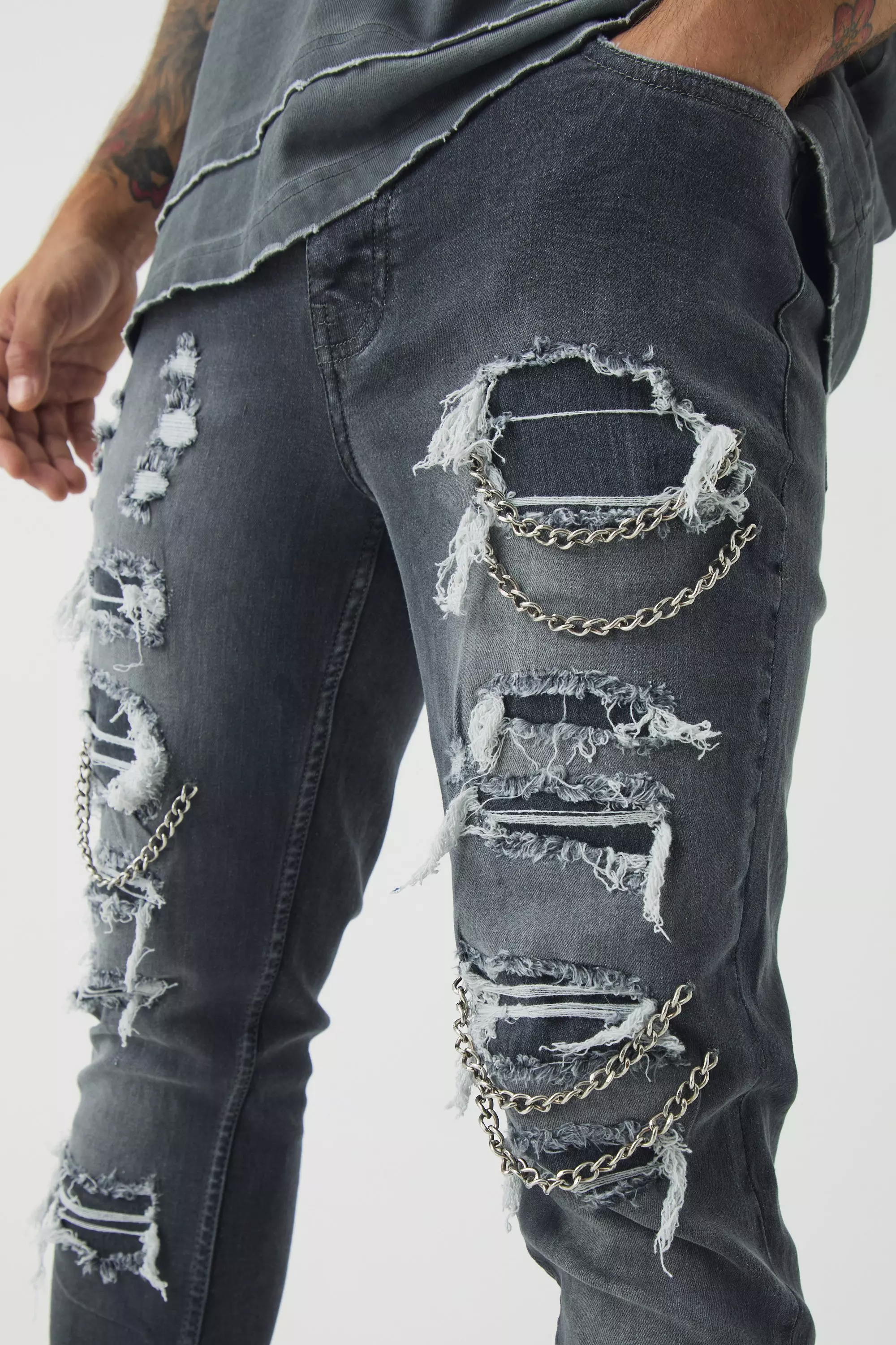Mid grey Skinny Stretch Ripped Chain Jeans alternative image