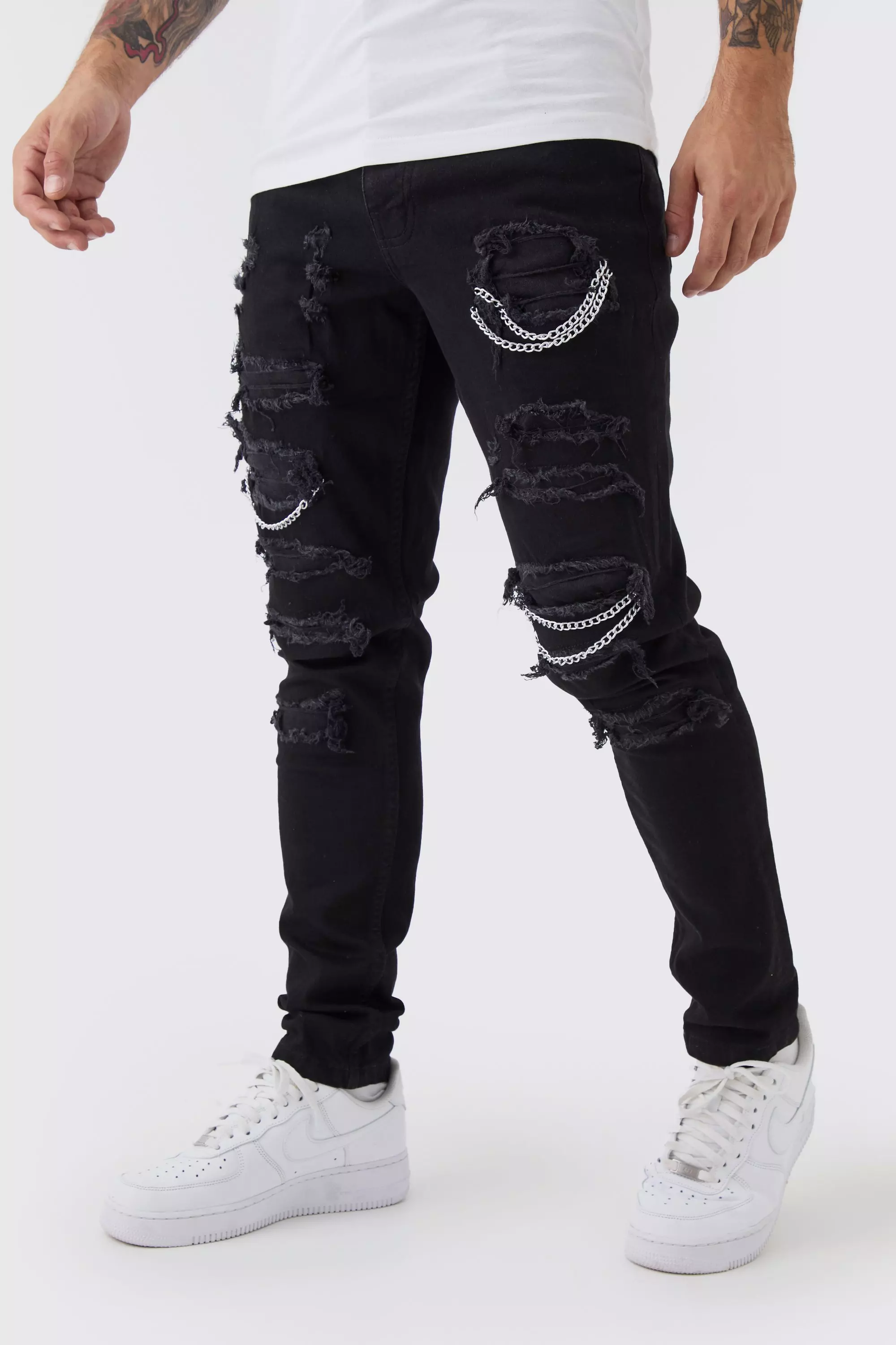 Jeans Skinny Fit In Stretch Con Strappi A Catena, Black immagine alternativa