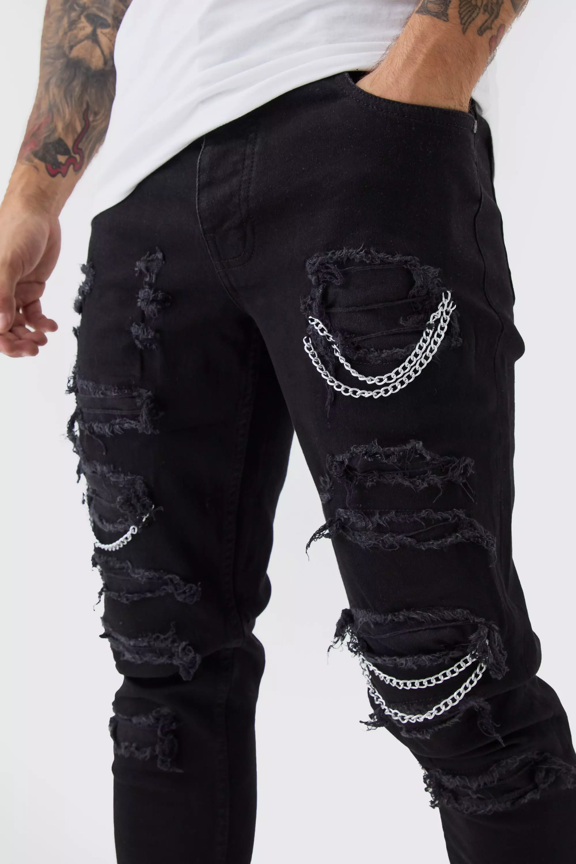 Jeans Skinny Fit In Stretch Con Strappi A Catena, Black immagine alternativa
