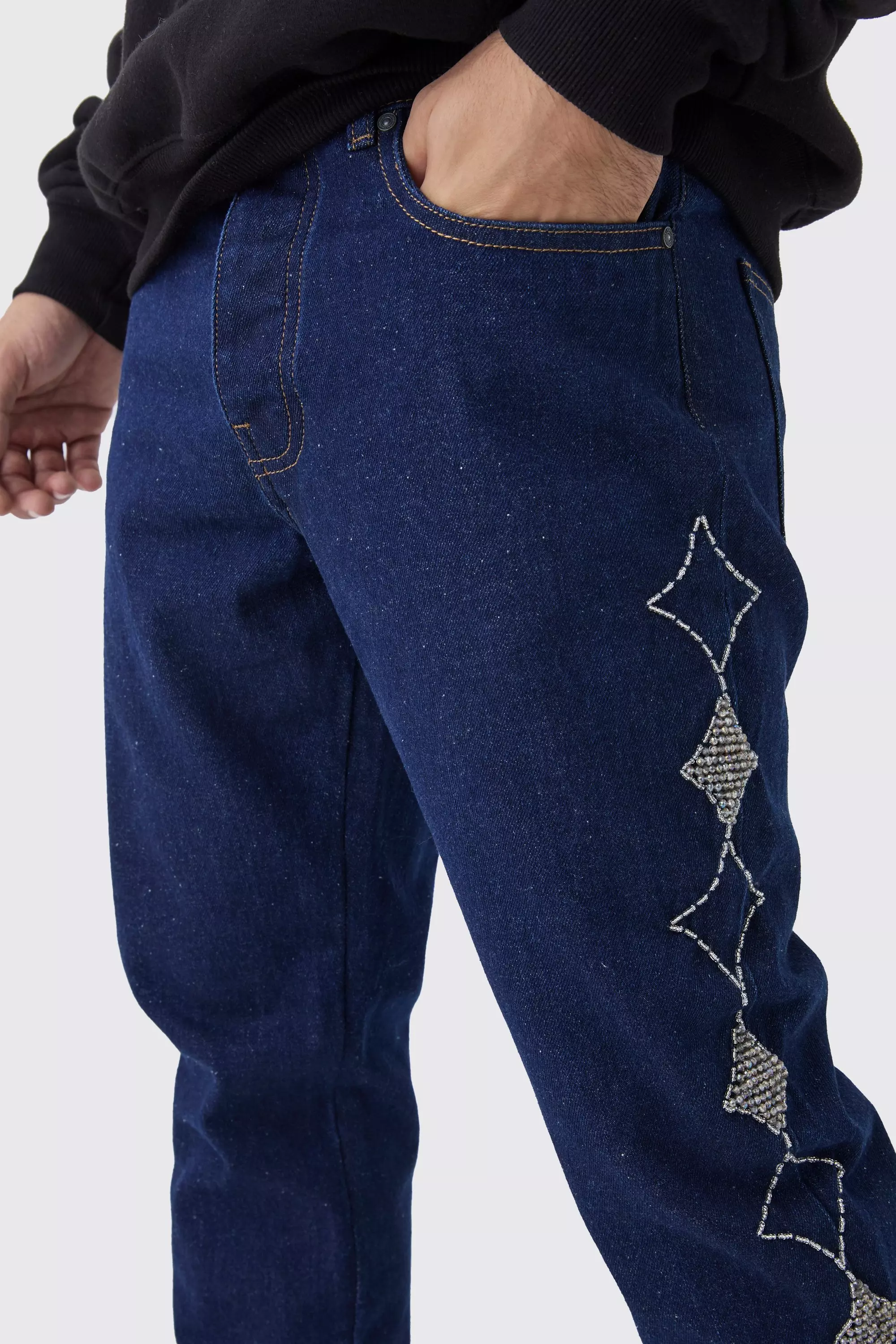 Indigo Slim Rigid Star Embellished Jeans alternative image