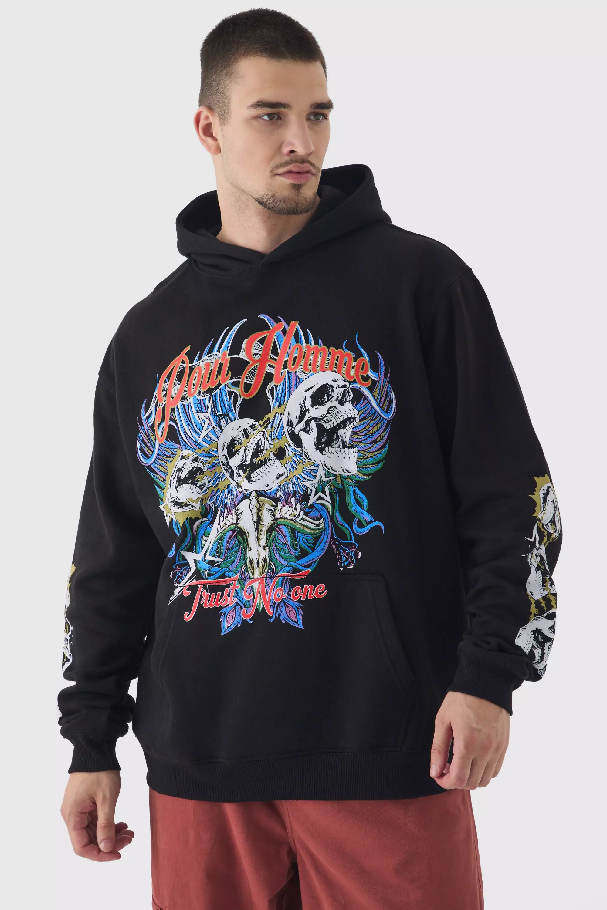 Tall Pour Homme Skull Print Oversized Hoodie in Black Black