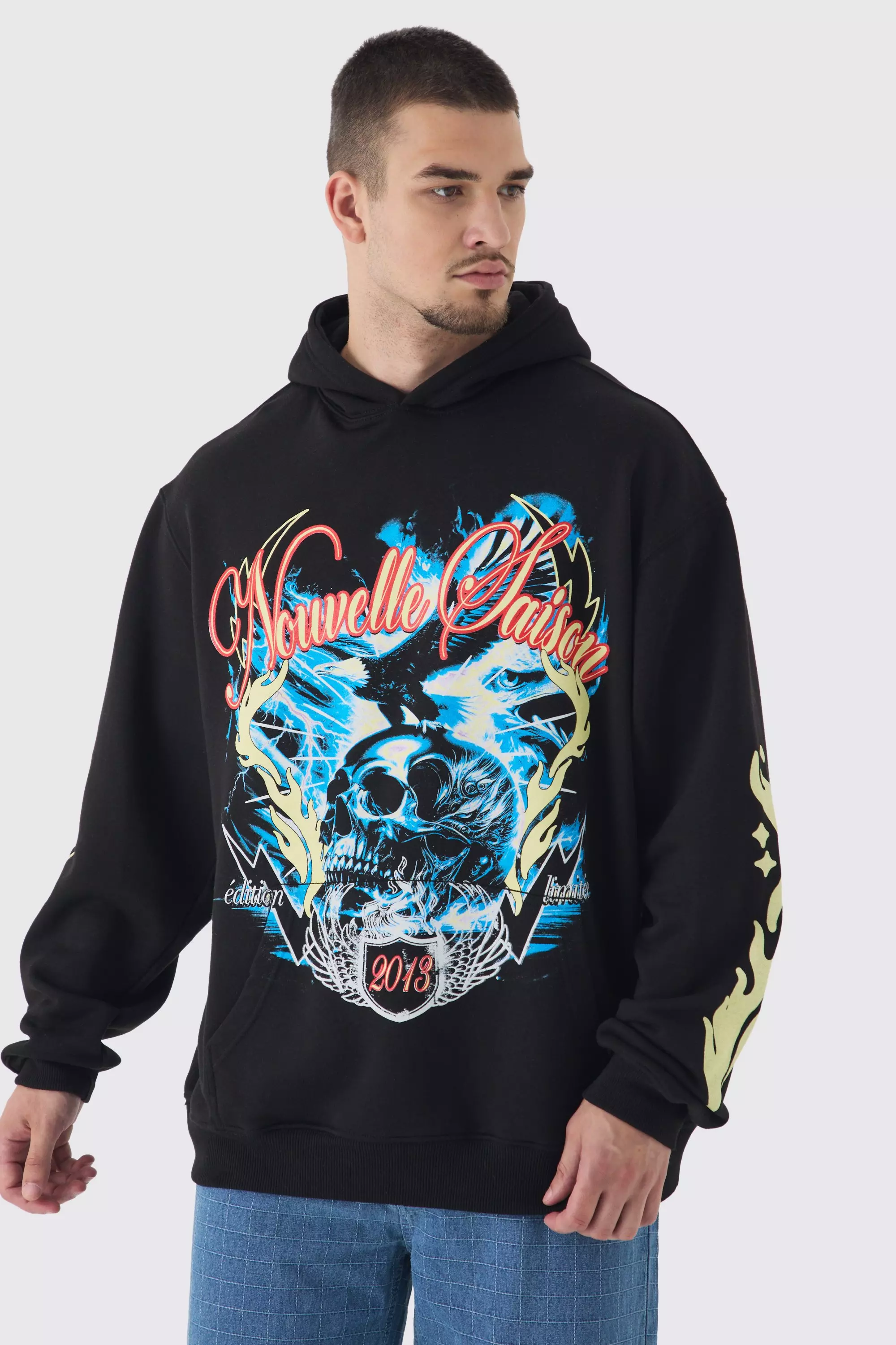 Tall Skull Flame Print Oversized Hoodie in Black boohooMAN USA