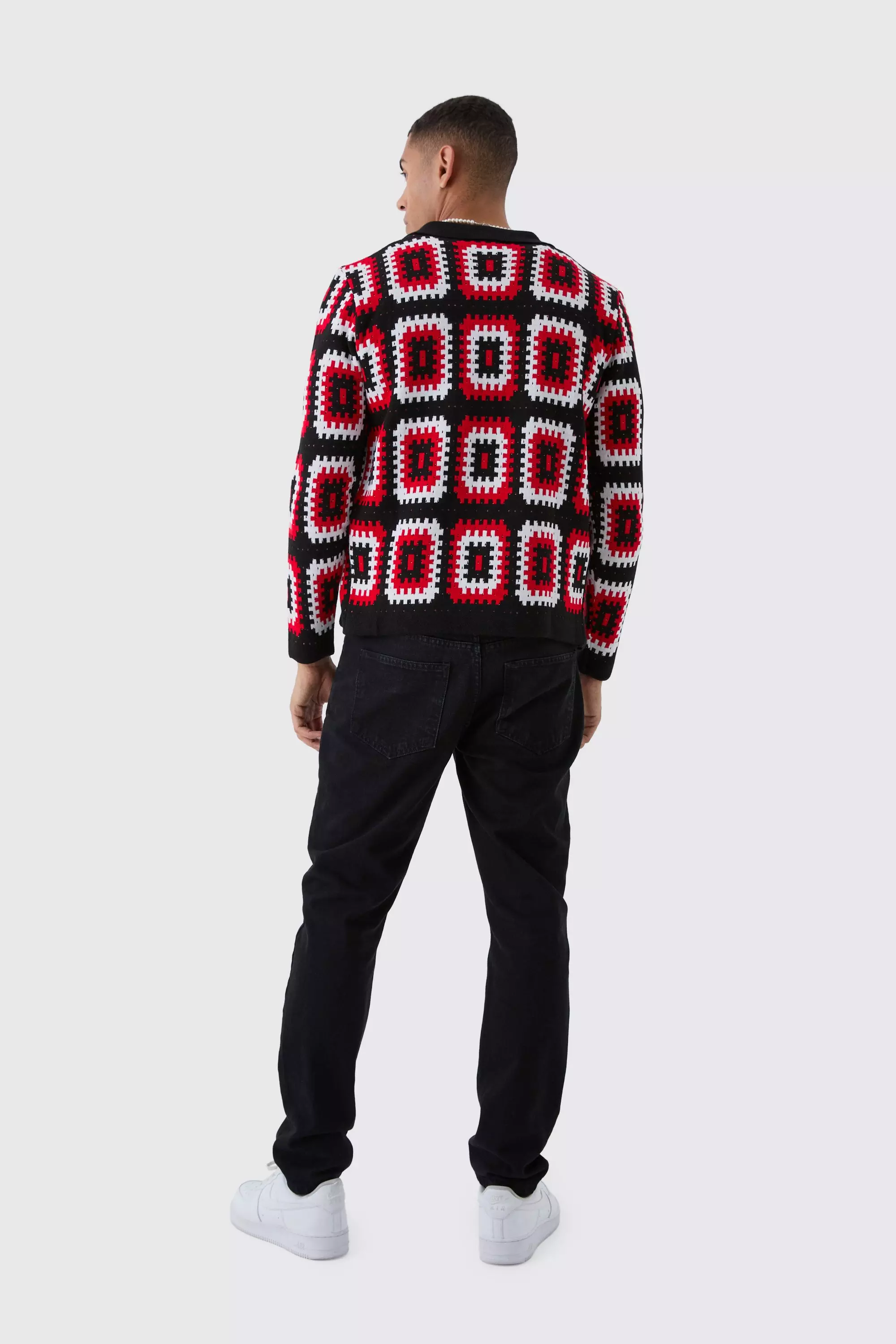 Regular Fit Crochet Long Sleeve Knitted Overshirt, Red alternatives Bild
