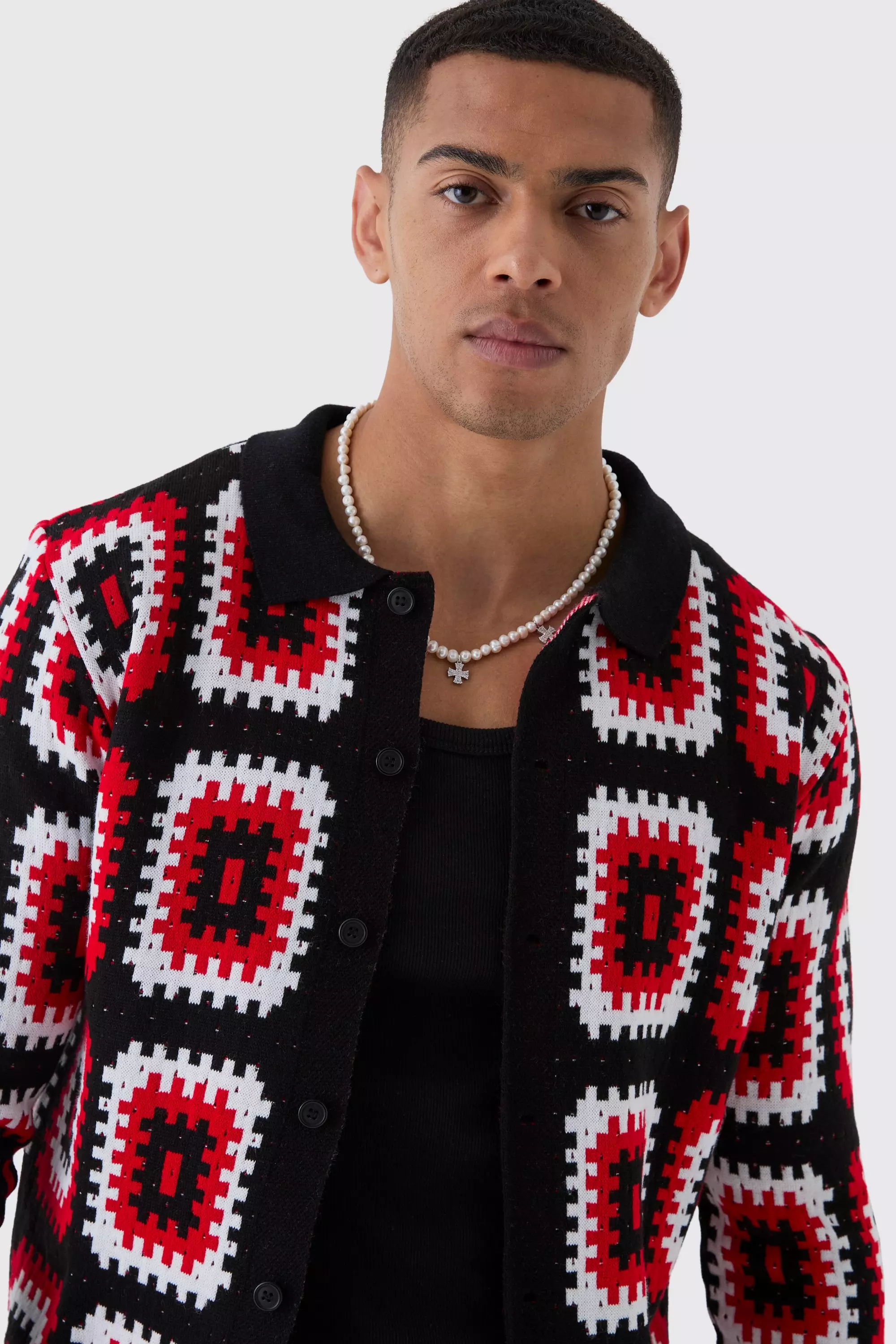 Regular Fit Crochet Long Sleeve Knitted Overshirt, Red alternatives Bild