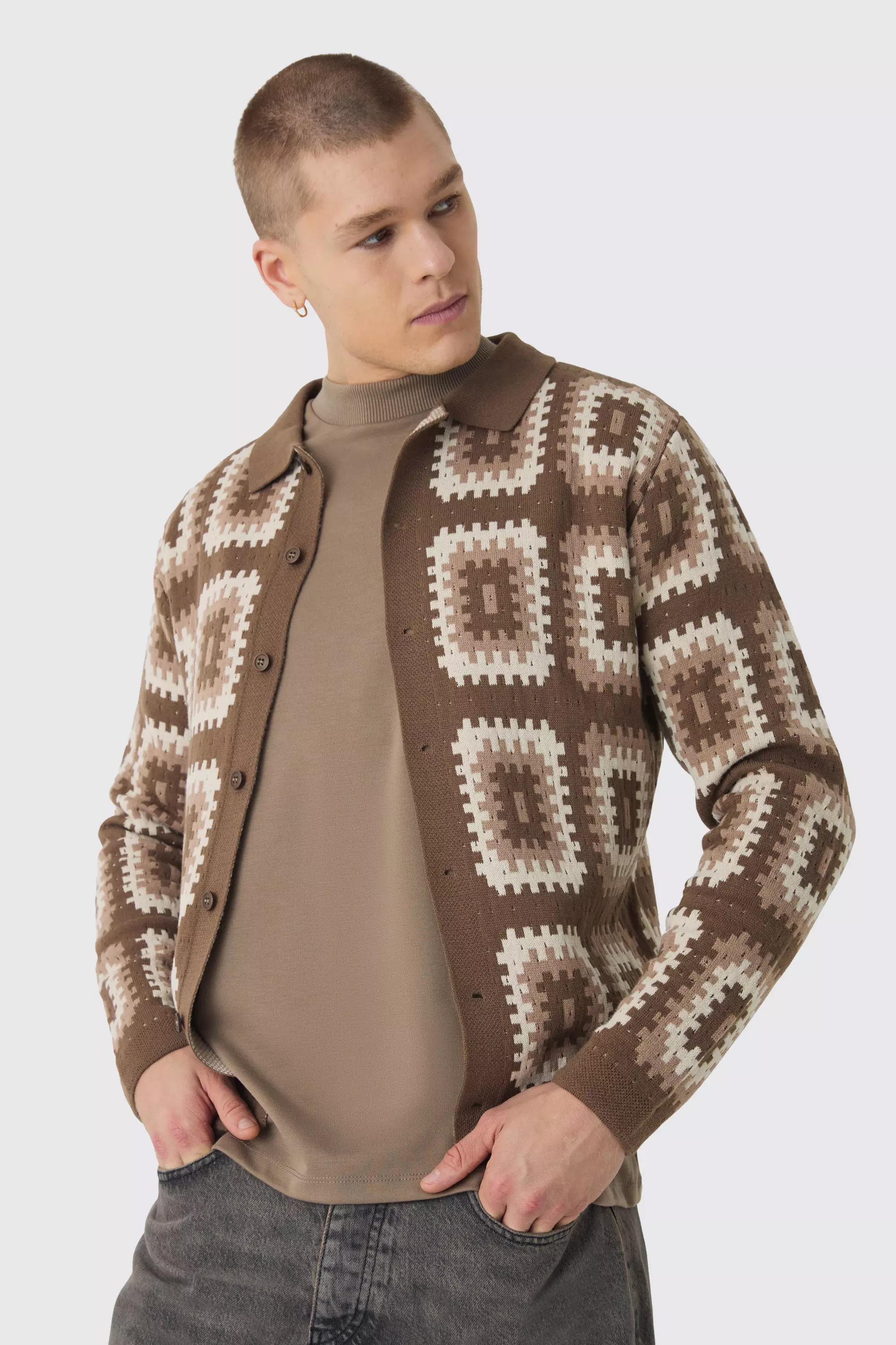 Crochet Long Sleeve Knitted Overshirt Brown