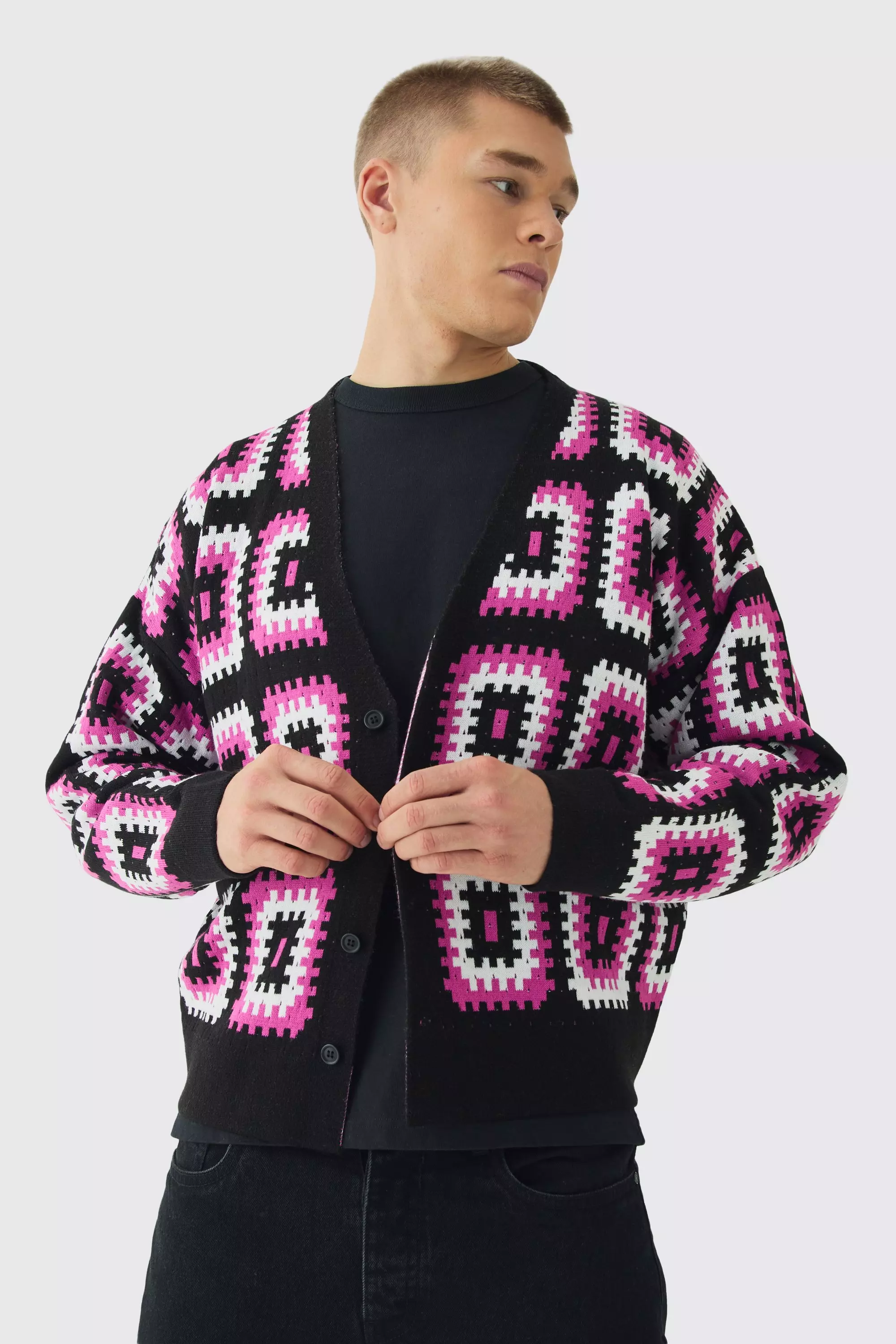 Oversized Boxy Crochet Cardigan Pink