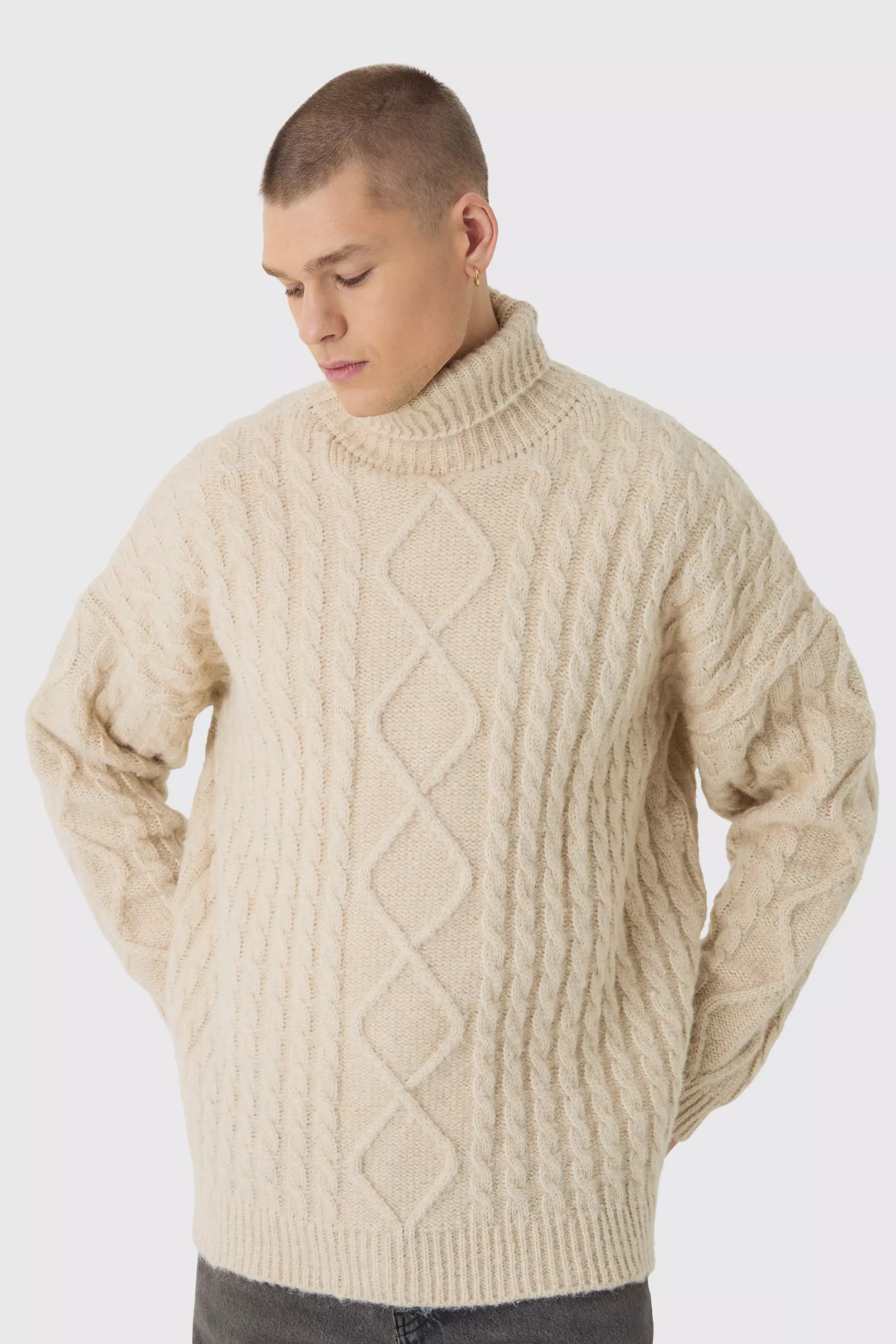 Oversized Chunky Cable Knit Roll Neck Sweater Stone