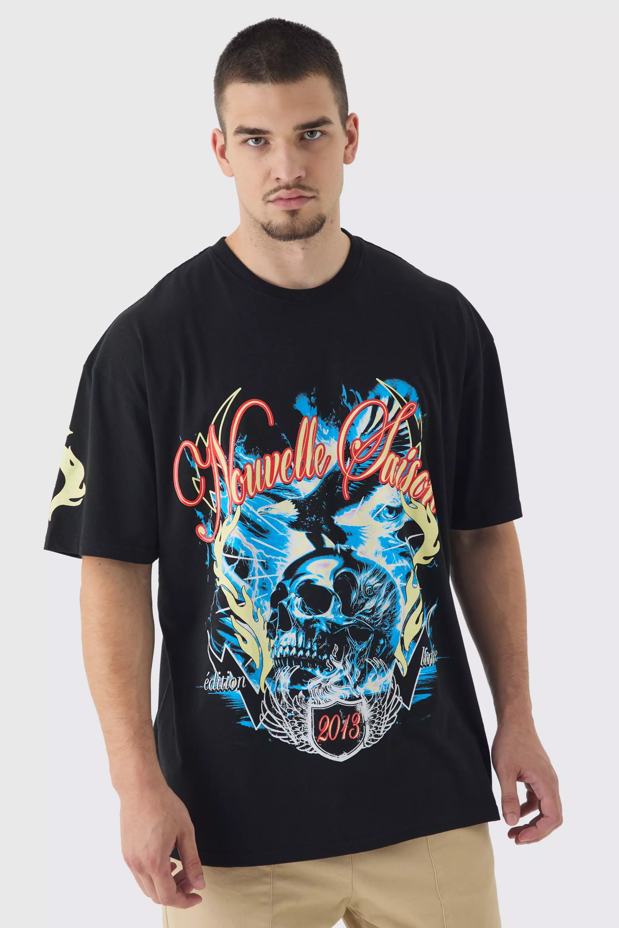 Tall Skull Flame Print Oversized T-shirt in Black Black