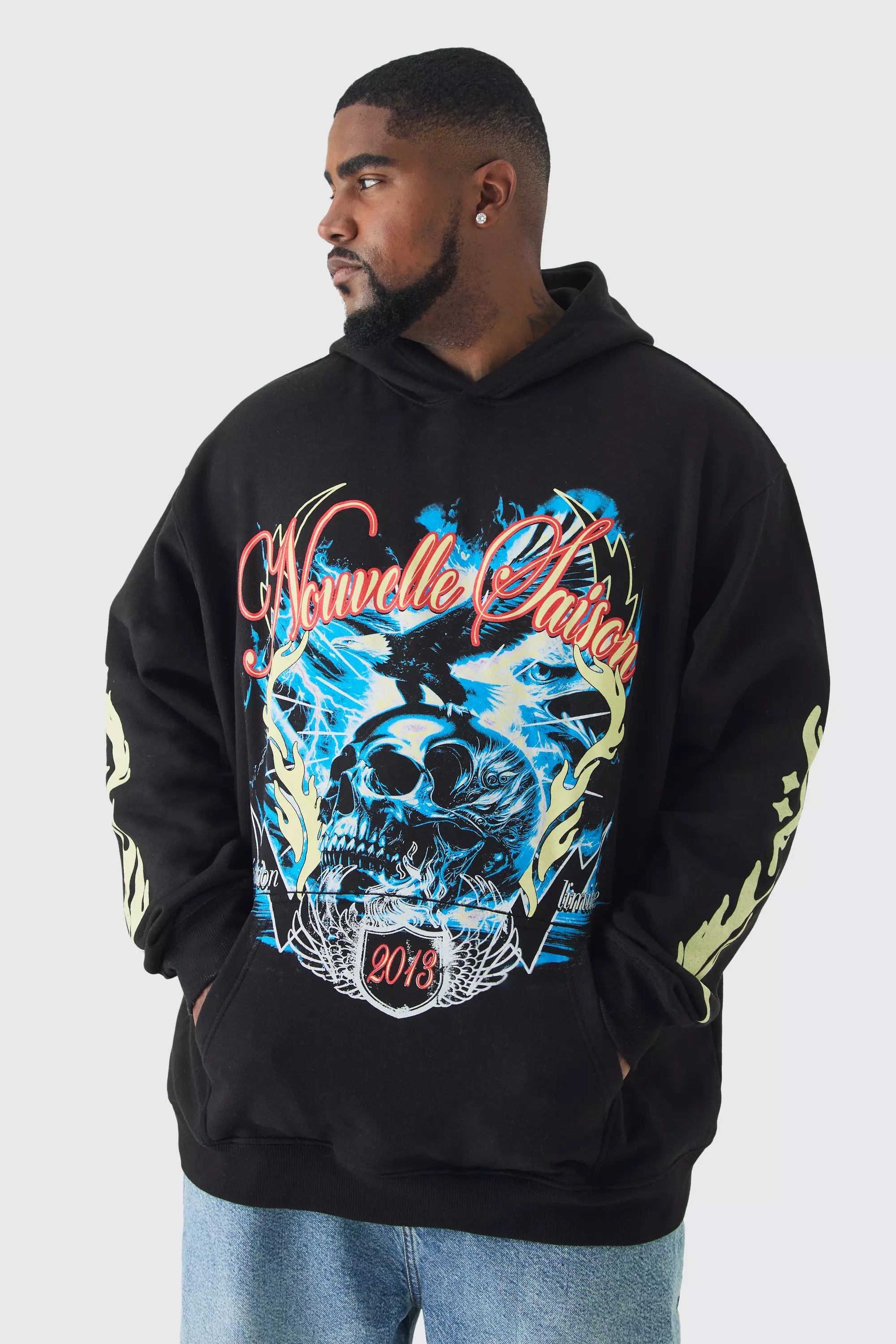 Black Plus Skull Flame Print Hoodie in Black