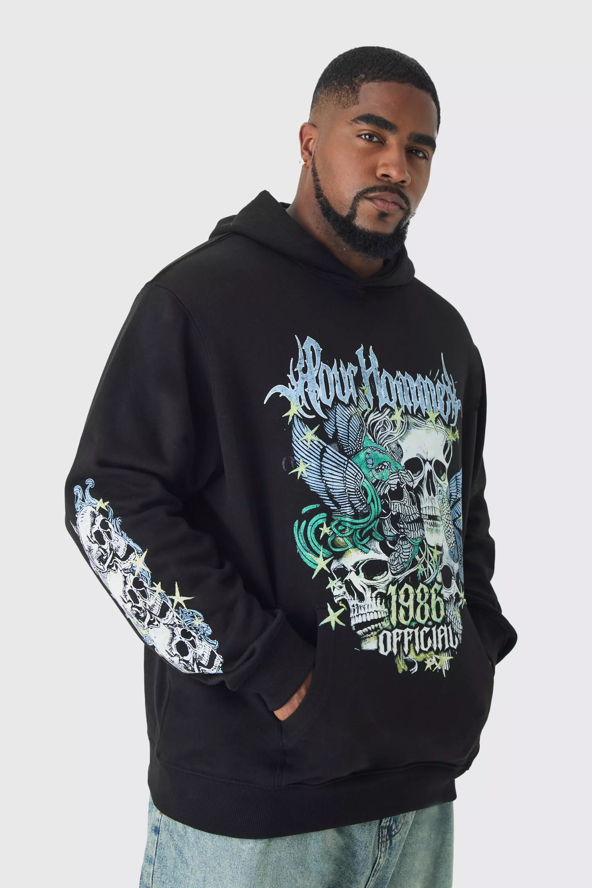 Black Plus Pour Homme Butterfly Print Hoodie in Black