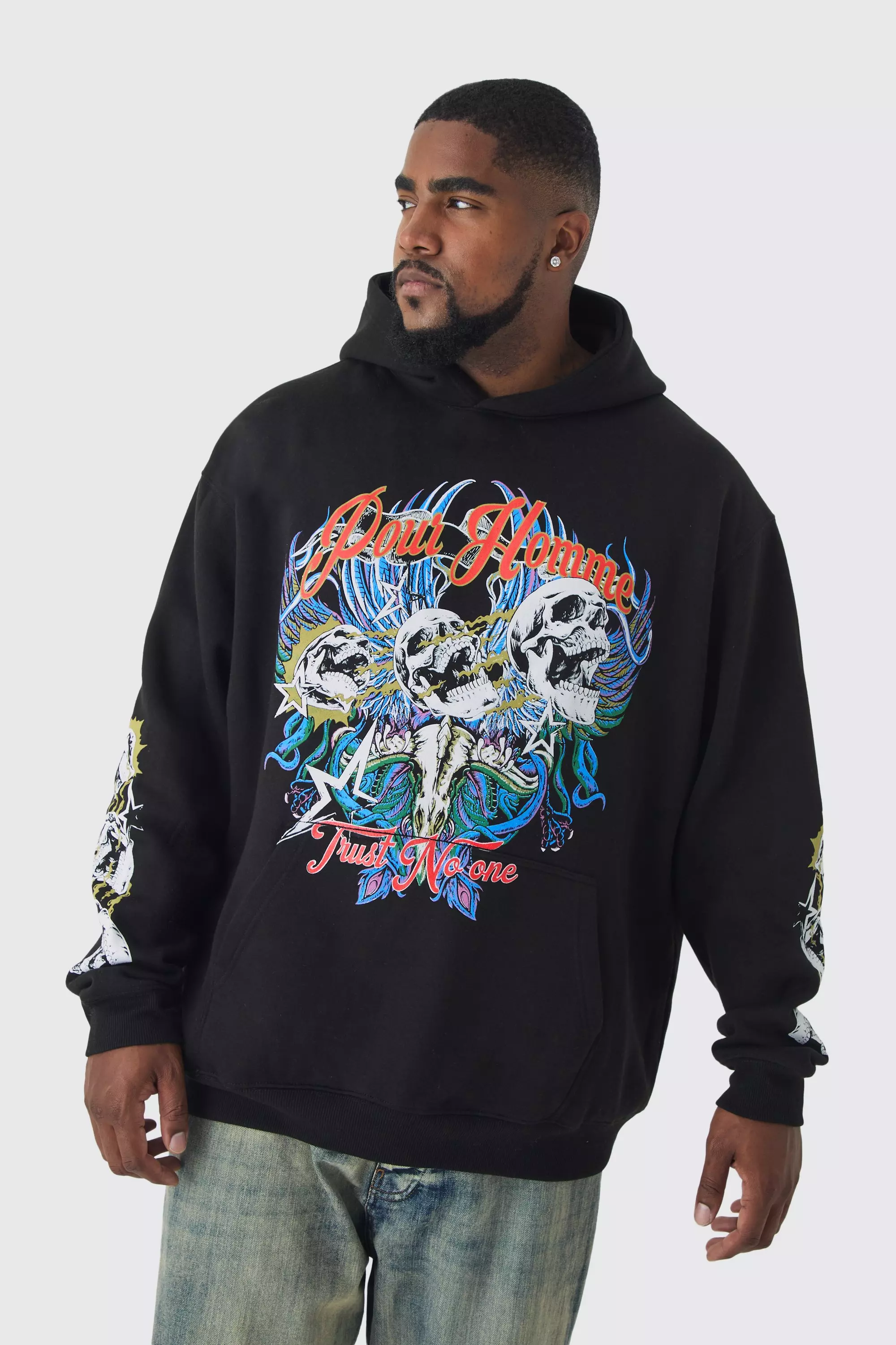 Black Plus Pour Homme Skull Print Oversized Hoodie