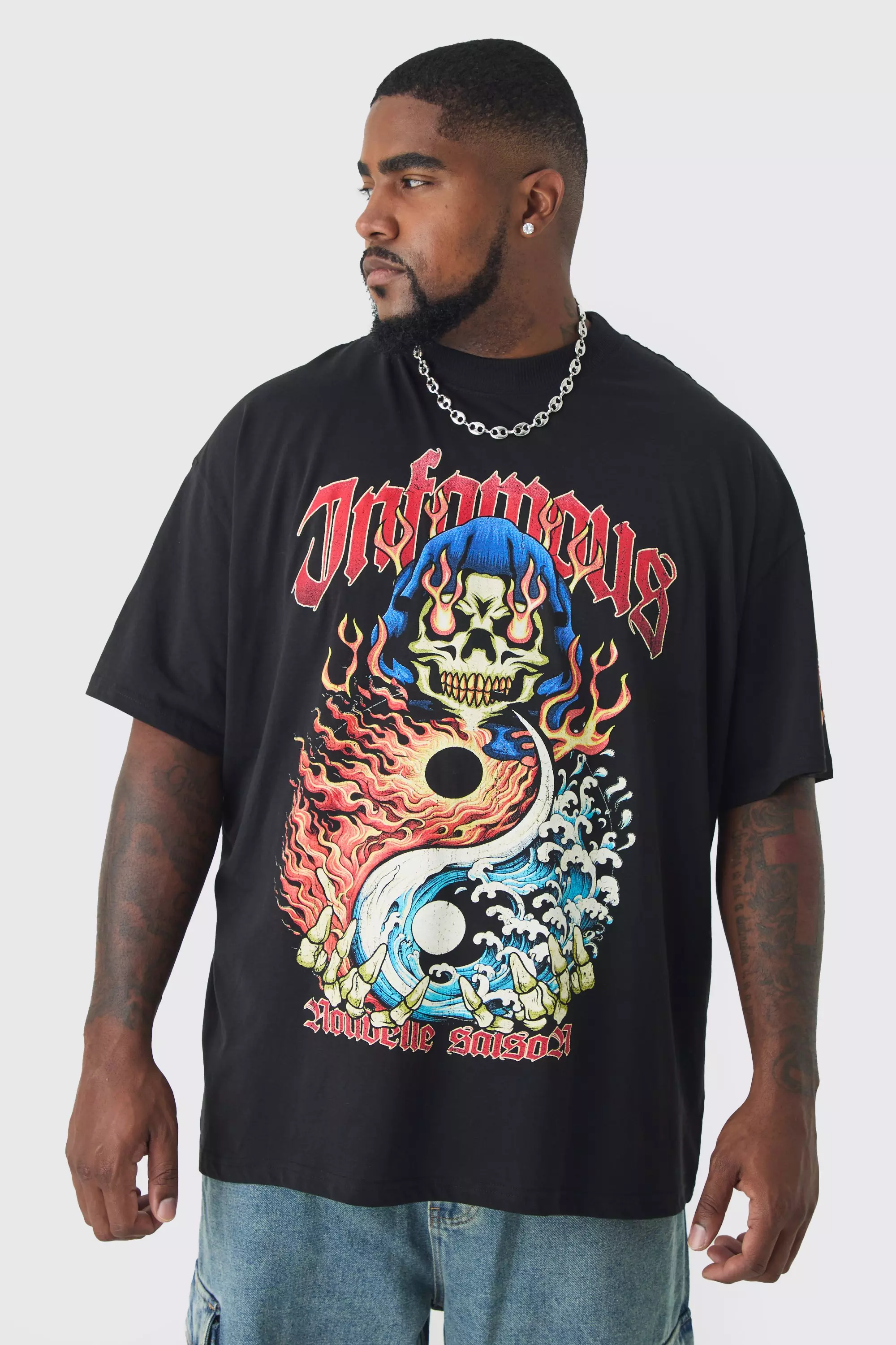 Plus Infamous Flame Print Oversized T-shirt in Black Black